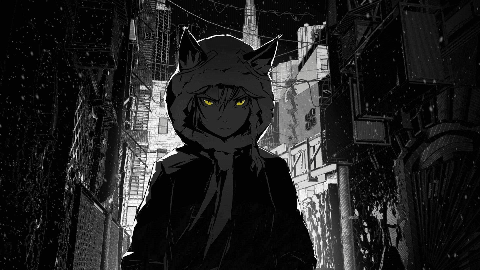 sad anime girl profile picture, glowing yellow eyes, hooded cloak, Full HD Desktop Wallpaper