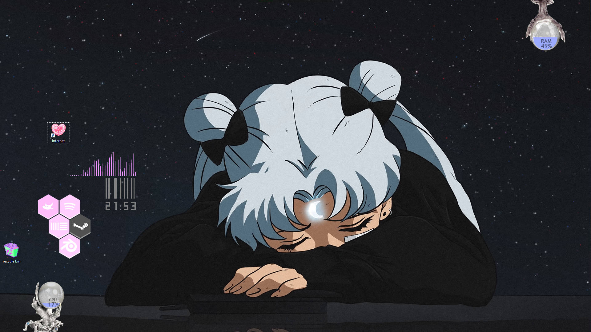 silver hair, starry night sky, digital widgets, Full HD Desktop Wallpaper