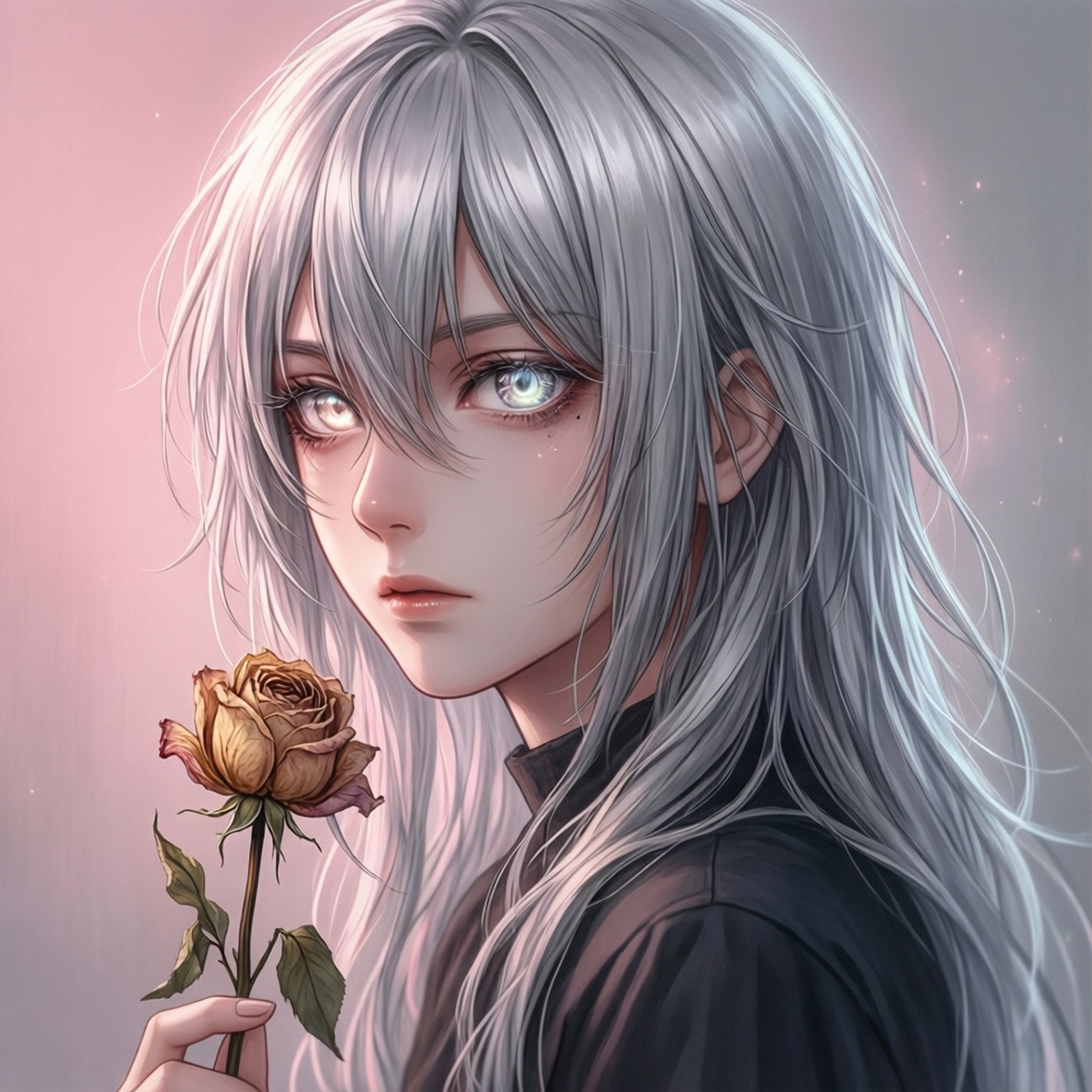 silver-haired anime girl, glowing eyes, wilting rose, HD Desktop Wallpaper
