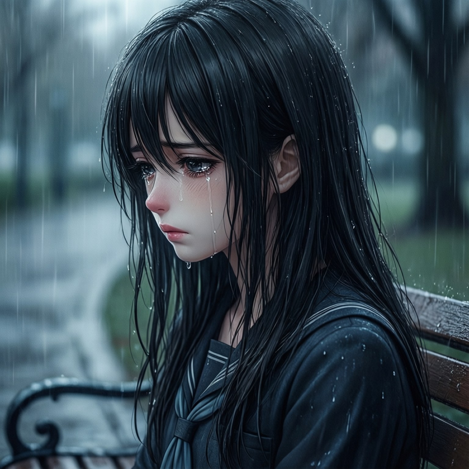 melancholic anime girl, long black hair, park bench, HD Desktop Wallpaper