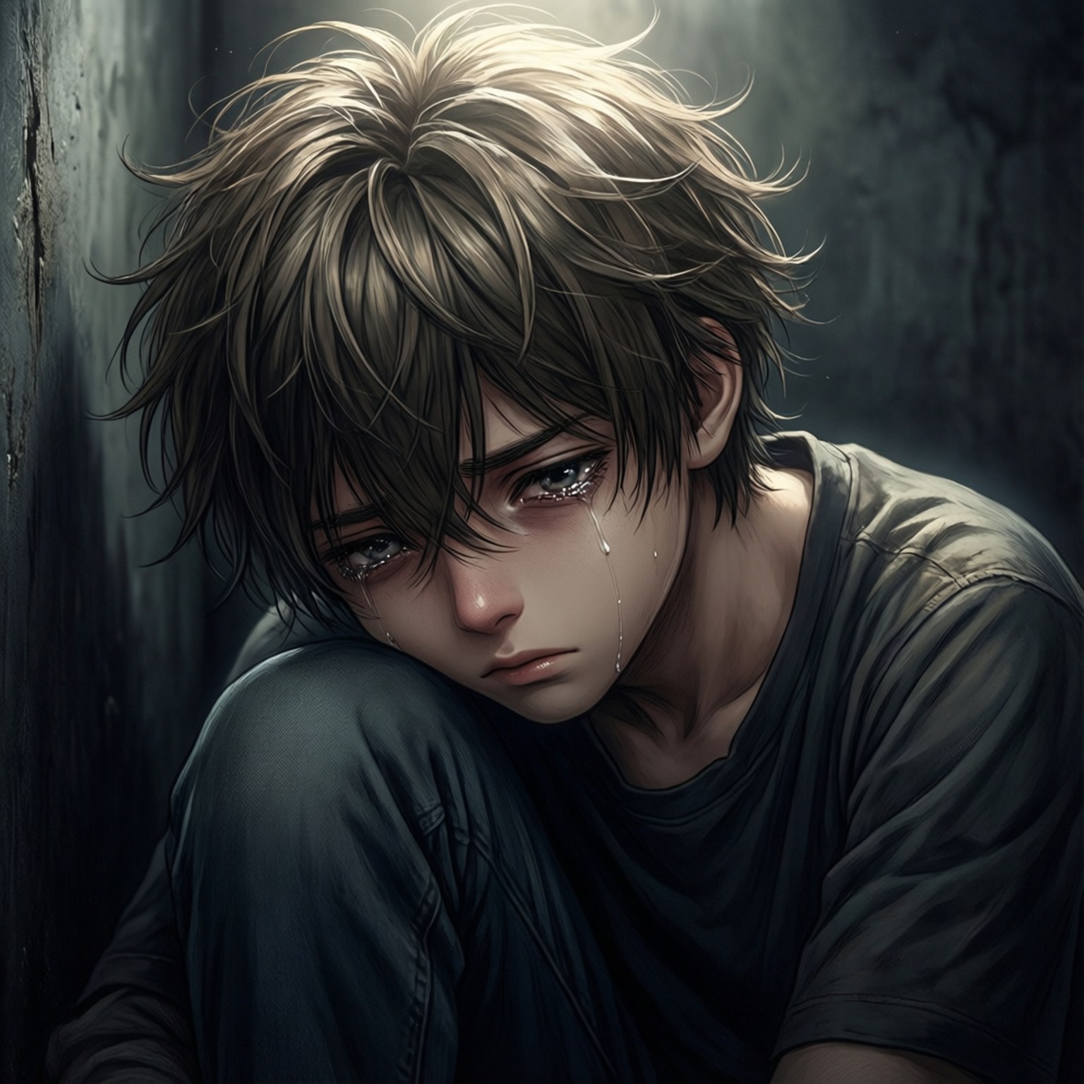 anime boy, messy hair, hunched, HD Desktop Wallpaper