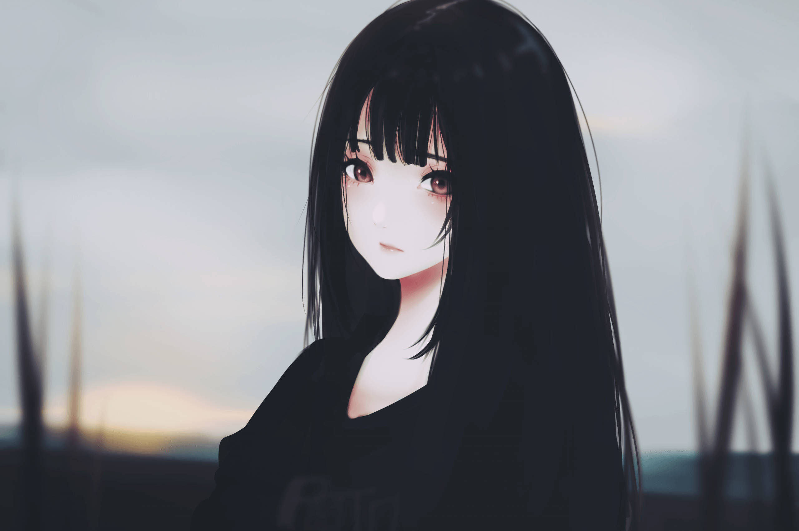 anime girl, long black hair, amber eyes, 2K Desktop Wallpaper