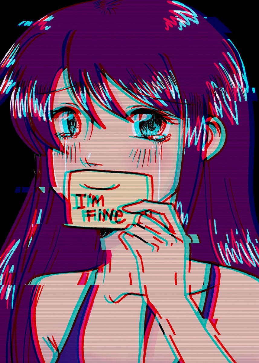 glitchy anime girl, purple hair, sign saying 'I'M FINE', SD Phone Wallpaper