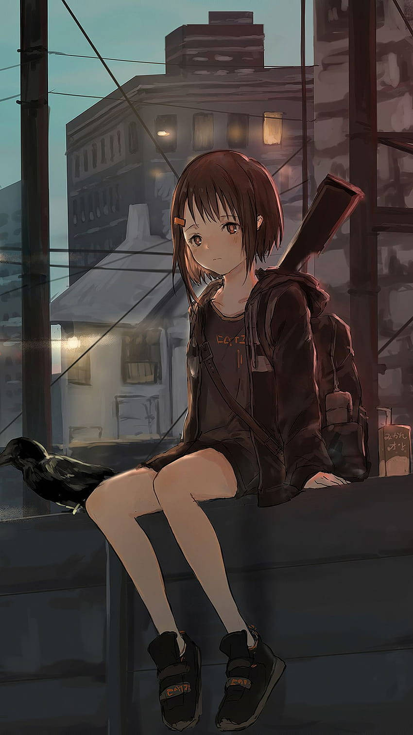 sad anime phone, girl, rooftop ledge, HD Phone Wallpaper