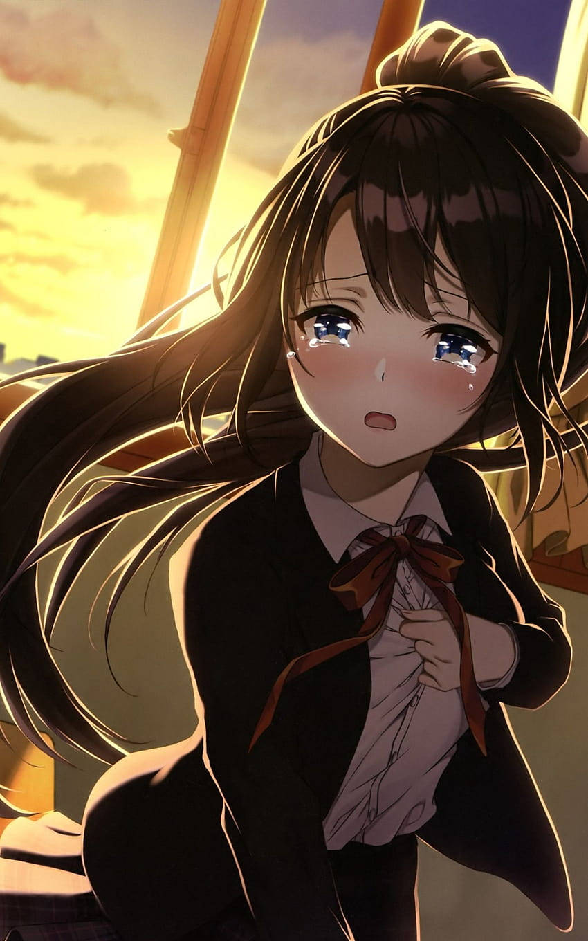 anime girl, long brown hair, blue eyes, HD Phone Wallpaper