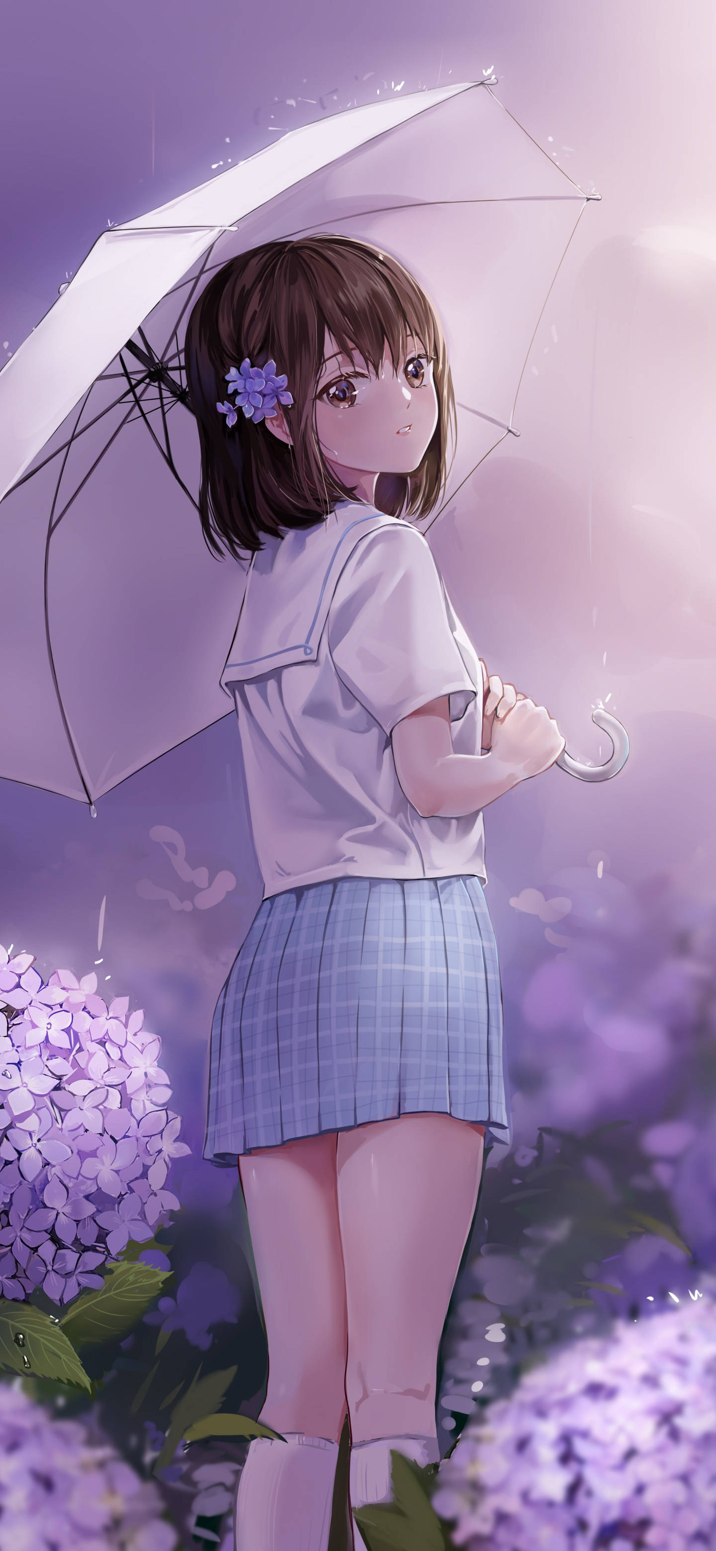 anime girl, school uniform, white umbrella, 2K Phone Wallpaper