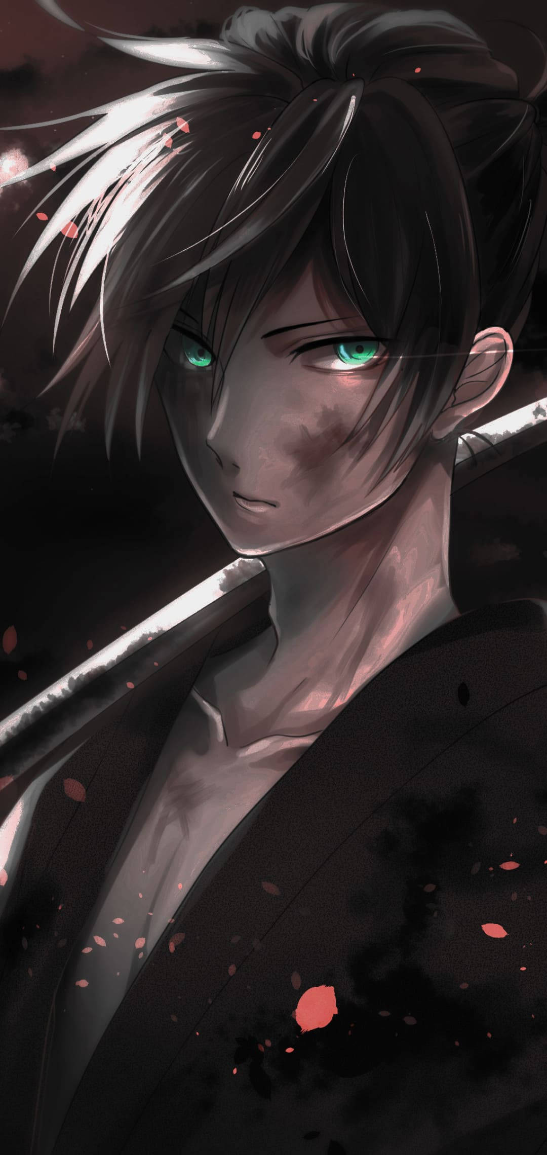 black and white anime character, green eyes, dark-haired anime warrior, Full HD Phone Wallpaper
