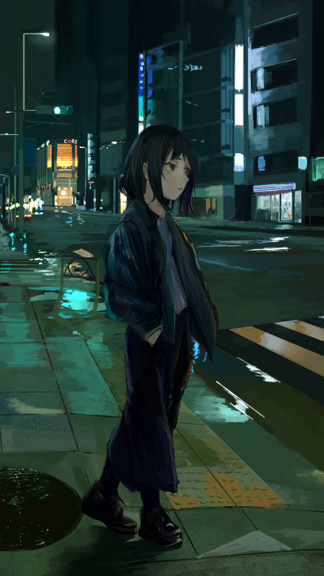 anime girl, night, rain-slicked city sidewalk, Full HD Phone Wallpaper