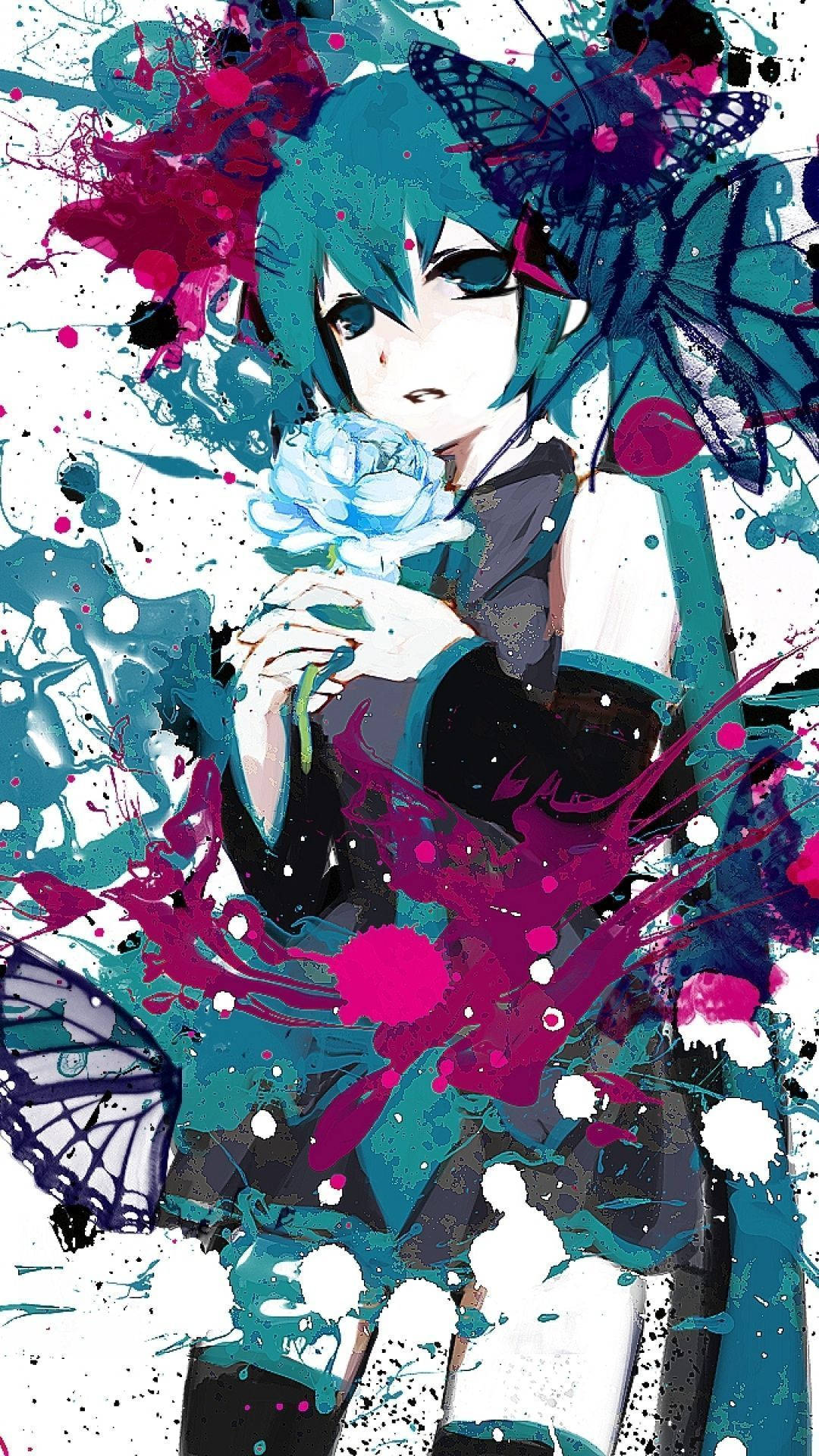 anime girl, teal hair, white rose, Full HD Phone Wallpaper