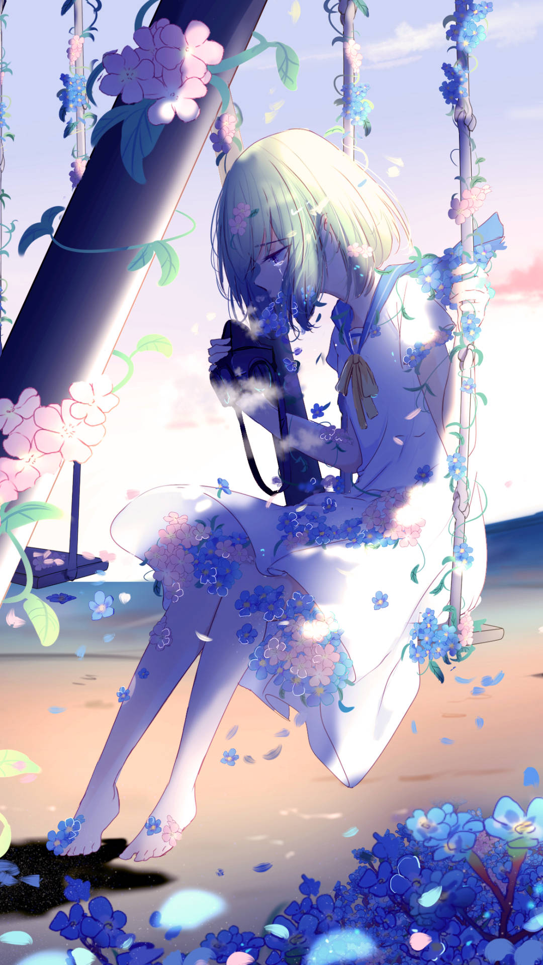 blonde anime girl, swing, falling blue and pink flowers, Full HD Phone Wallpaper
