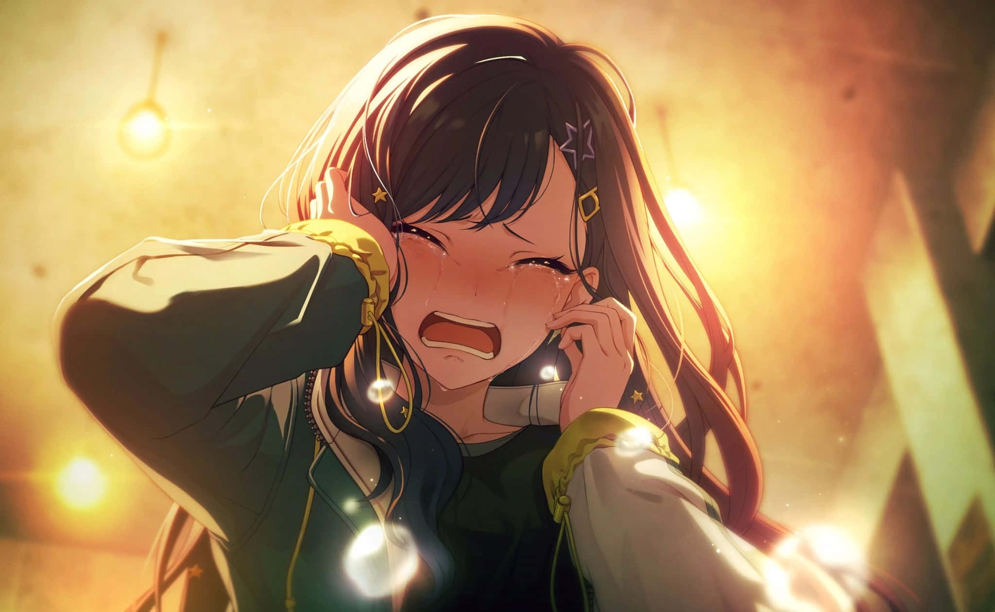 anime girl, dark hair, star clips, Full HD Desktop Wallpaper