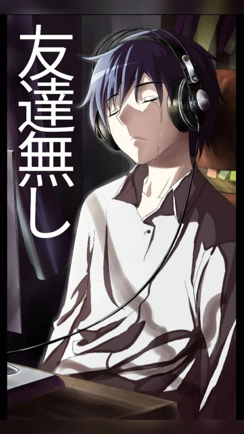 anime boy, purple hair, headphones, HD Phone Wallpaper