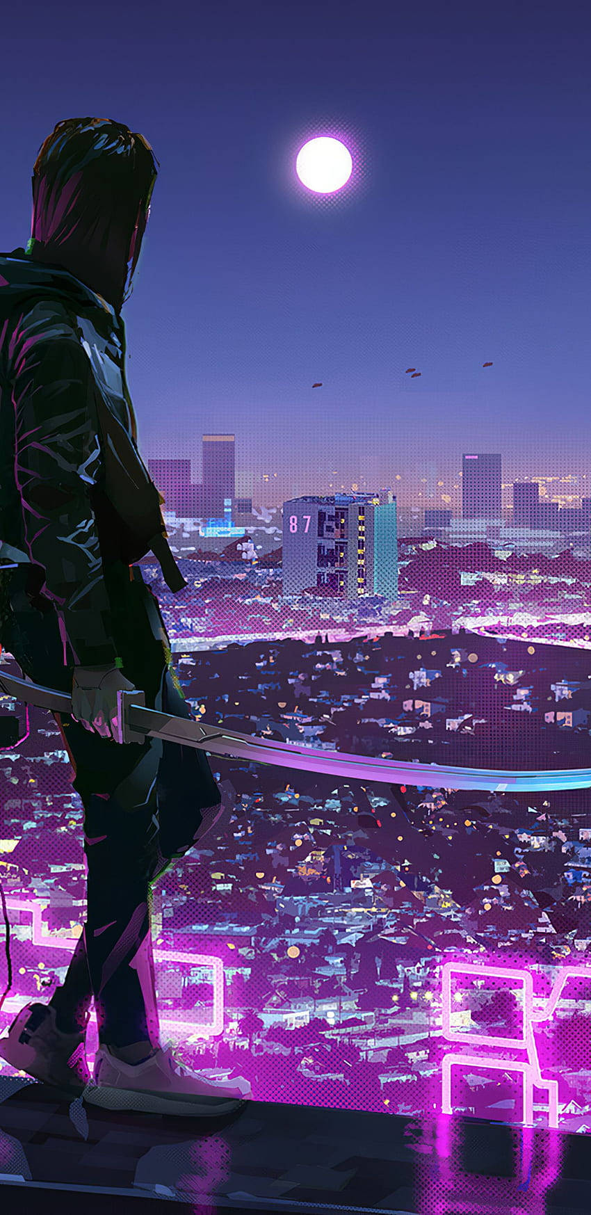 neon-drenched cyberpunk cityscape, glowing moon, rooftop, HD Phone Wallpaper