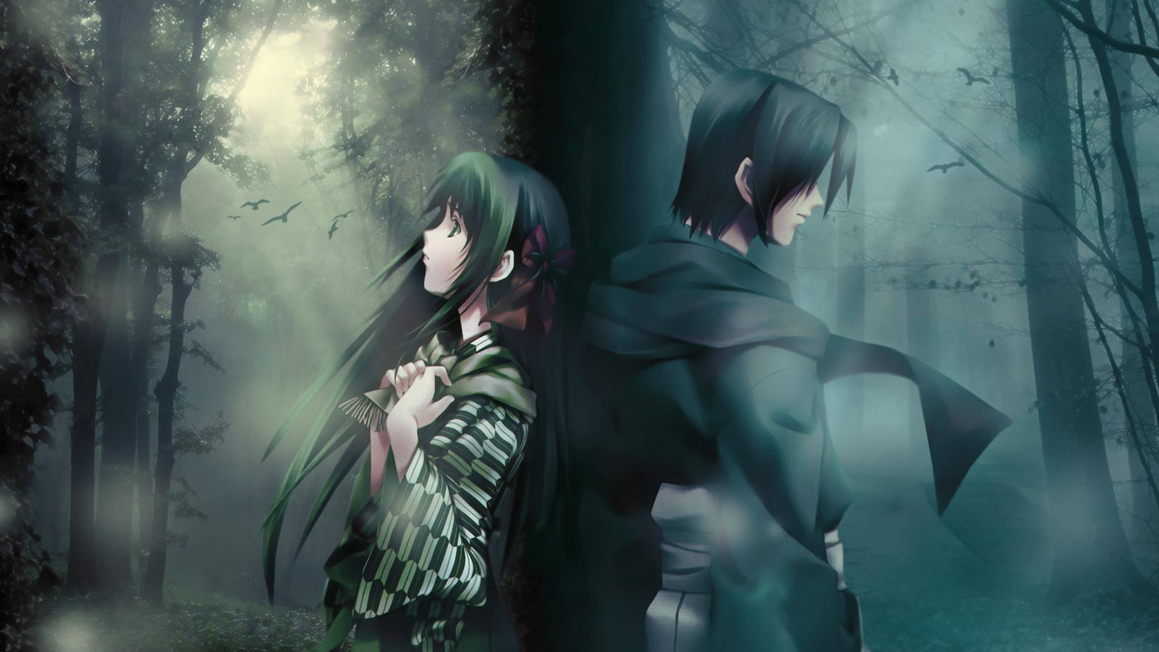 Two anime characters stand back to back in a misty forest with birds flying overhead and soft light filtering through the trees., 4K Desktop Wallpaper