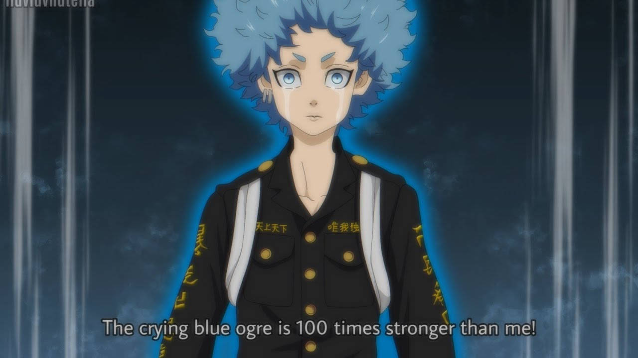 A blue-haired anime character in a black uniform stands solemnly against a dark background with glowing blue light., HD Desktop Wallpaper