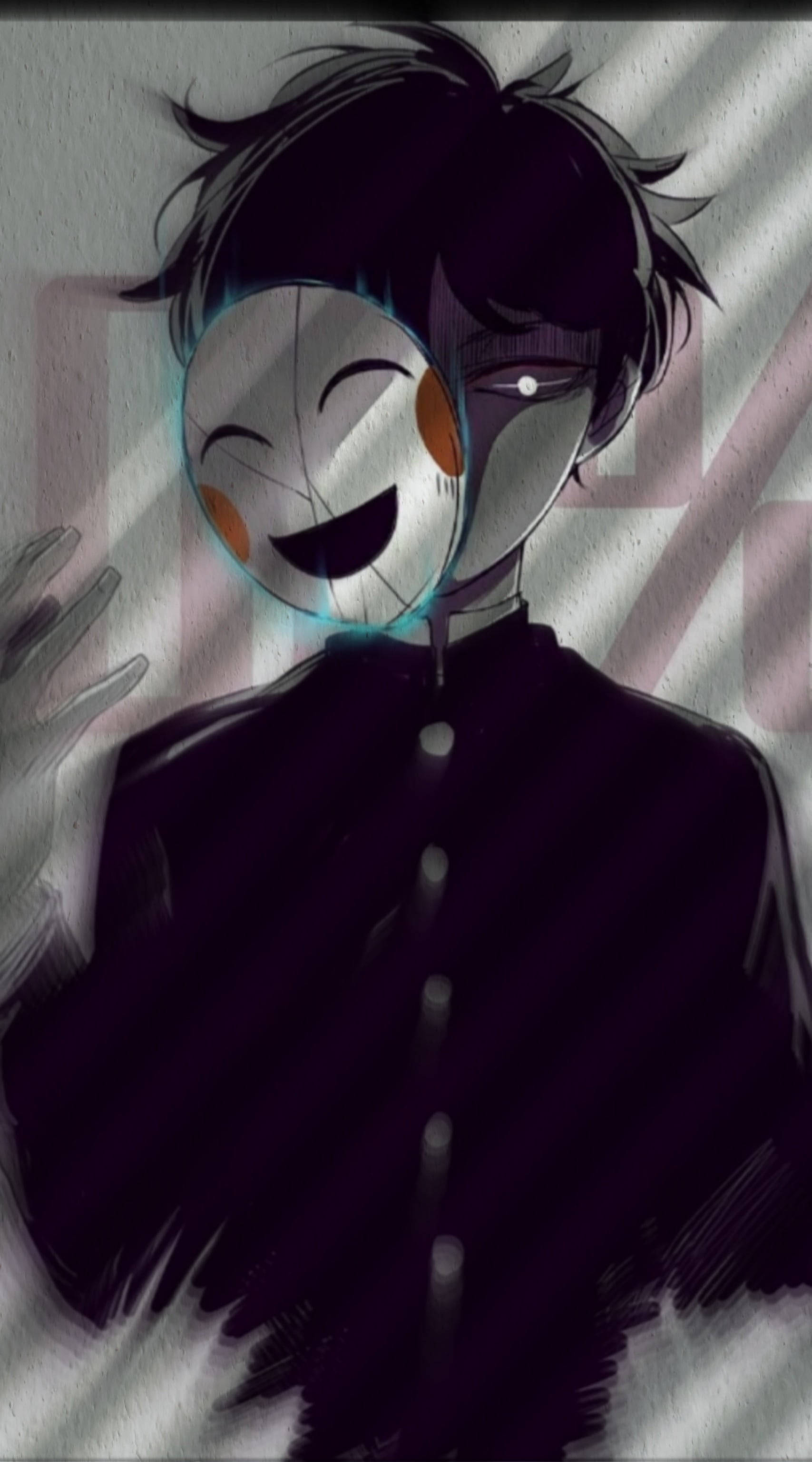 anime boy, black uniform, glowing cheerful mask, 2K Phone Wallpaper