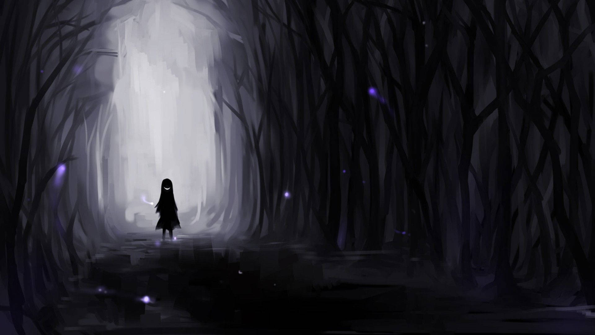 sad anime girl, dark forest, glowing eyes, Full HD Desktop Wallpaper