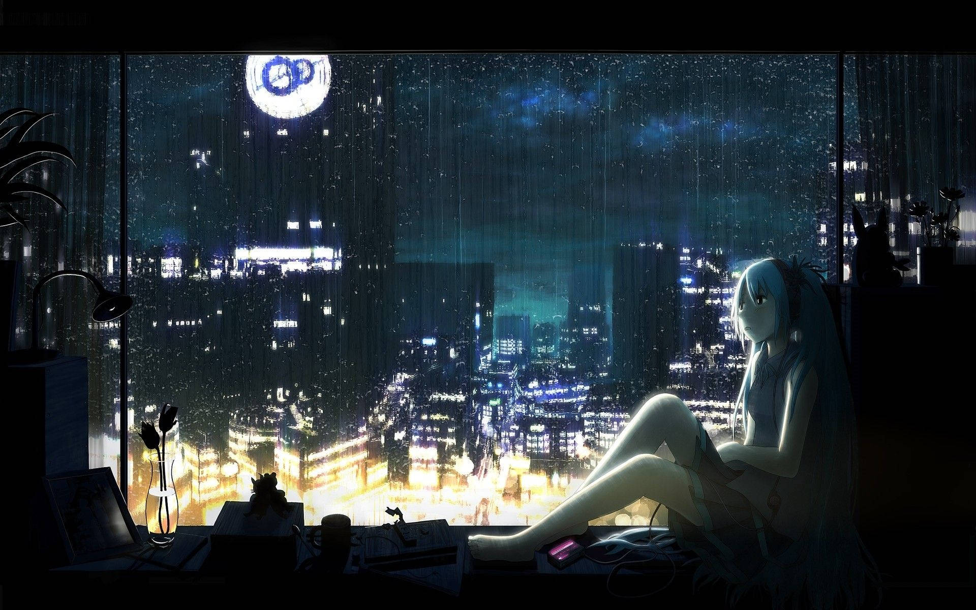 anime girl, rain-slicked window, neon-lit cityscape, Full HD Desktop Wallpaper