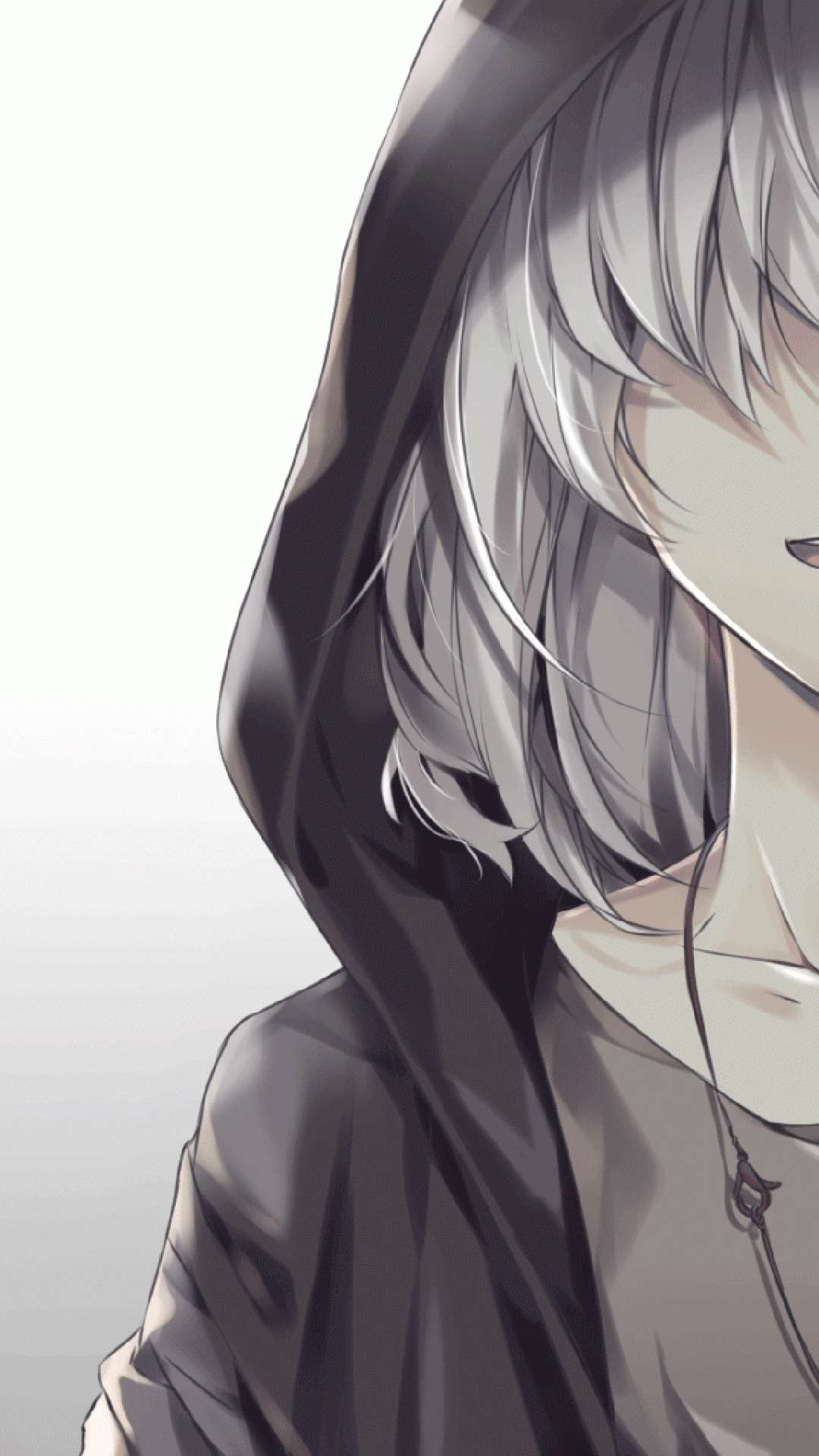 sad anime phone, silver hair, dark hooded cloak, Full HD Phone Wallpaper