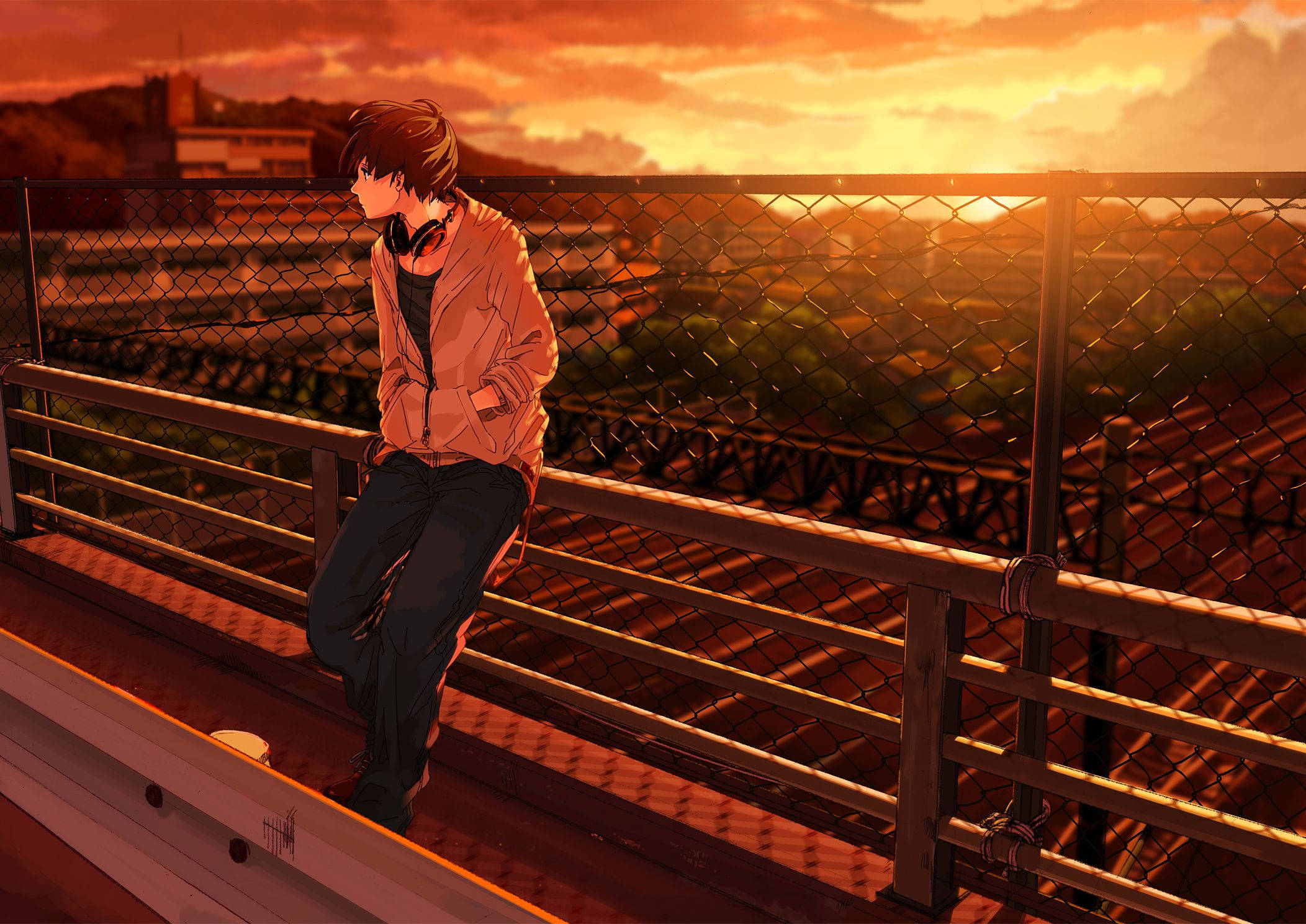 Sad Anime Boy, sunset, rooftop railing, Full HD Desktop Wallpaper