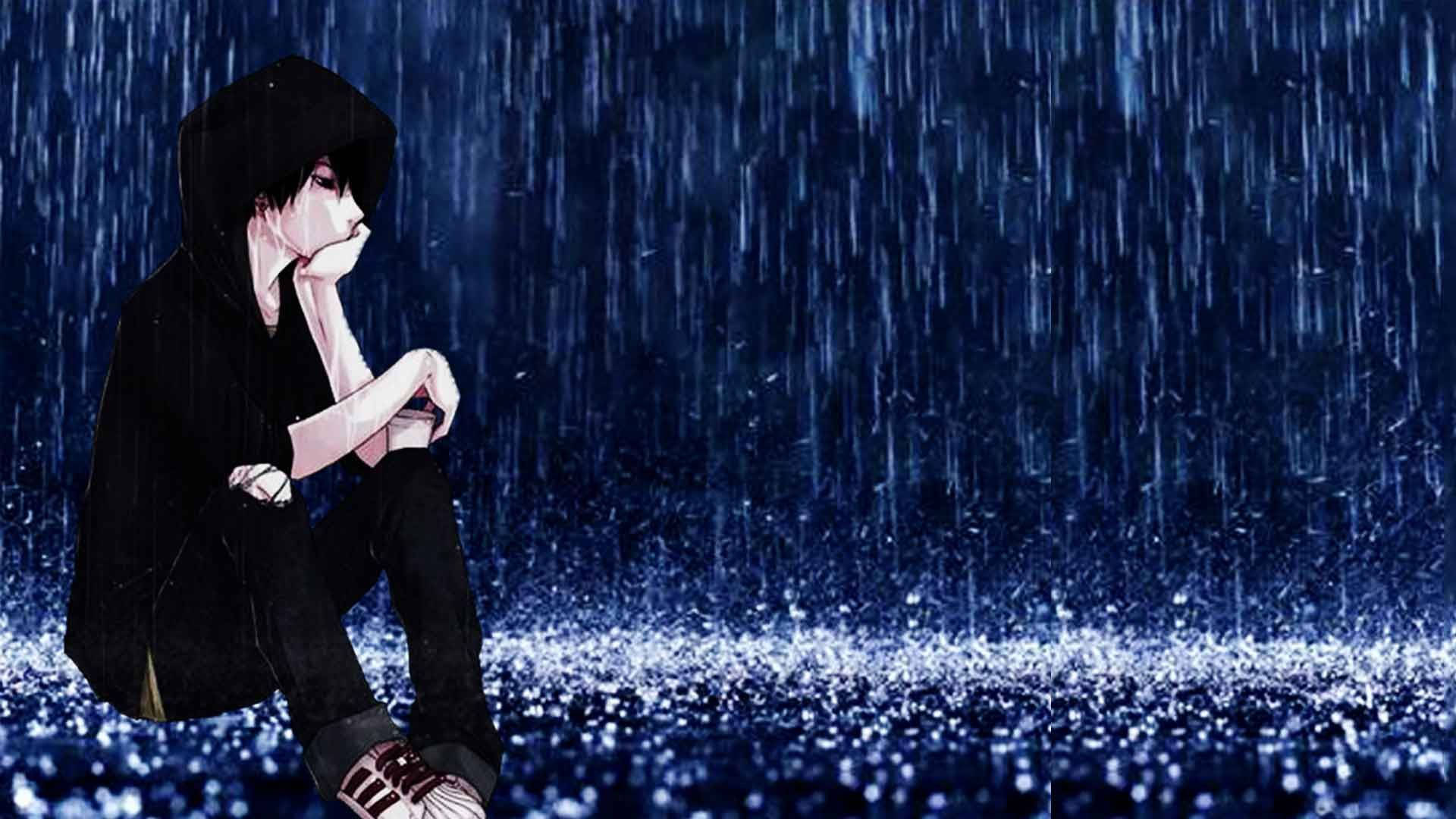 anime character, black hoodie, blue rain, Full HD Desktop Wallpaper