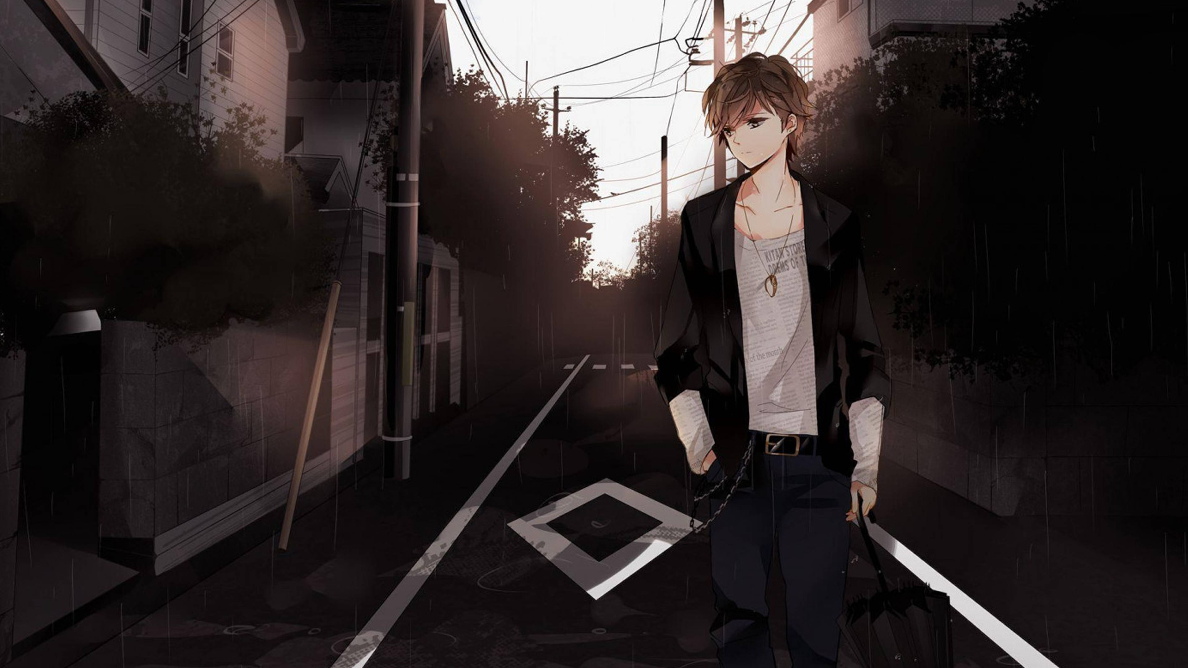 Sad Anime, boy, rain-slicked alley, 4K Desktop Wallpaper