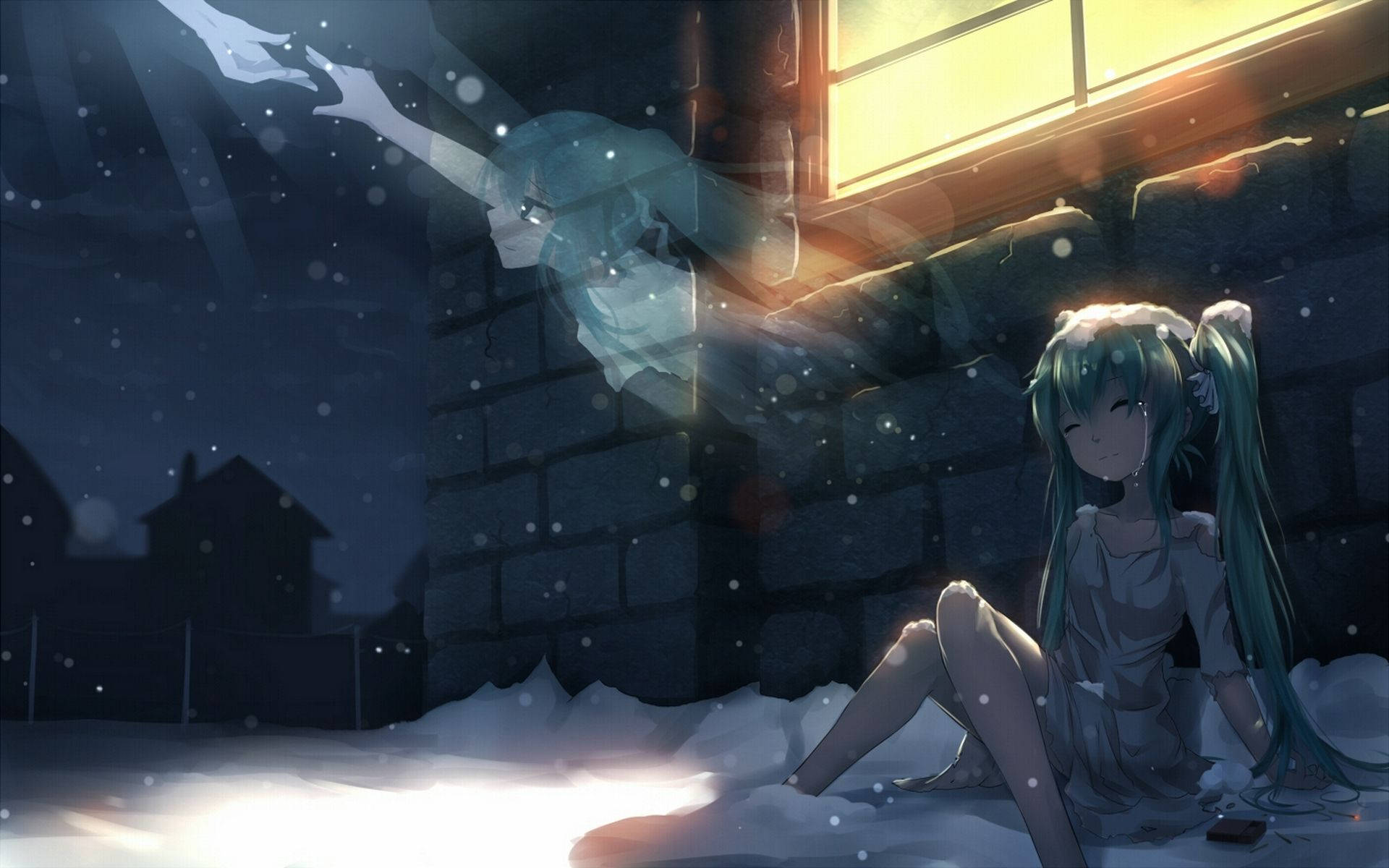 teal-haired anime girl, snow, glowing window, Full HD Desktop Wallpaper