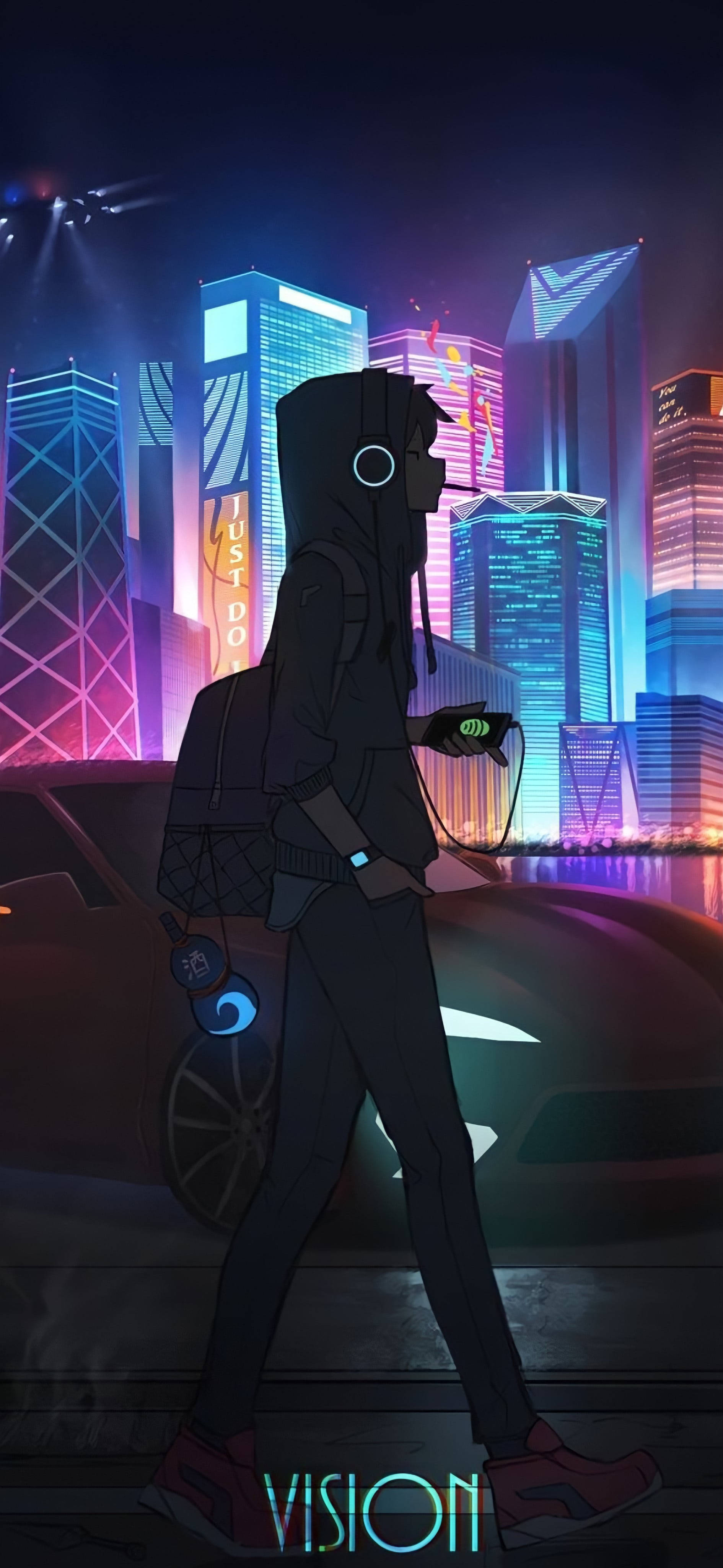 anime figure, glowing car, neon-lit futuristic city skyline, 4K Phone Wallpaper