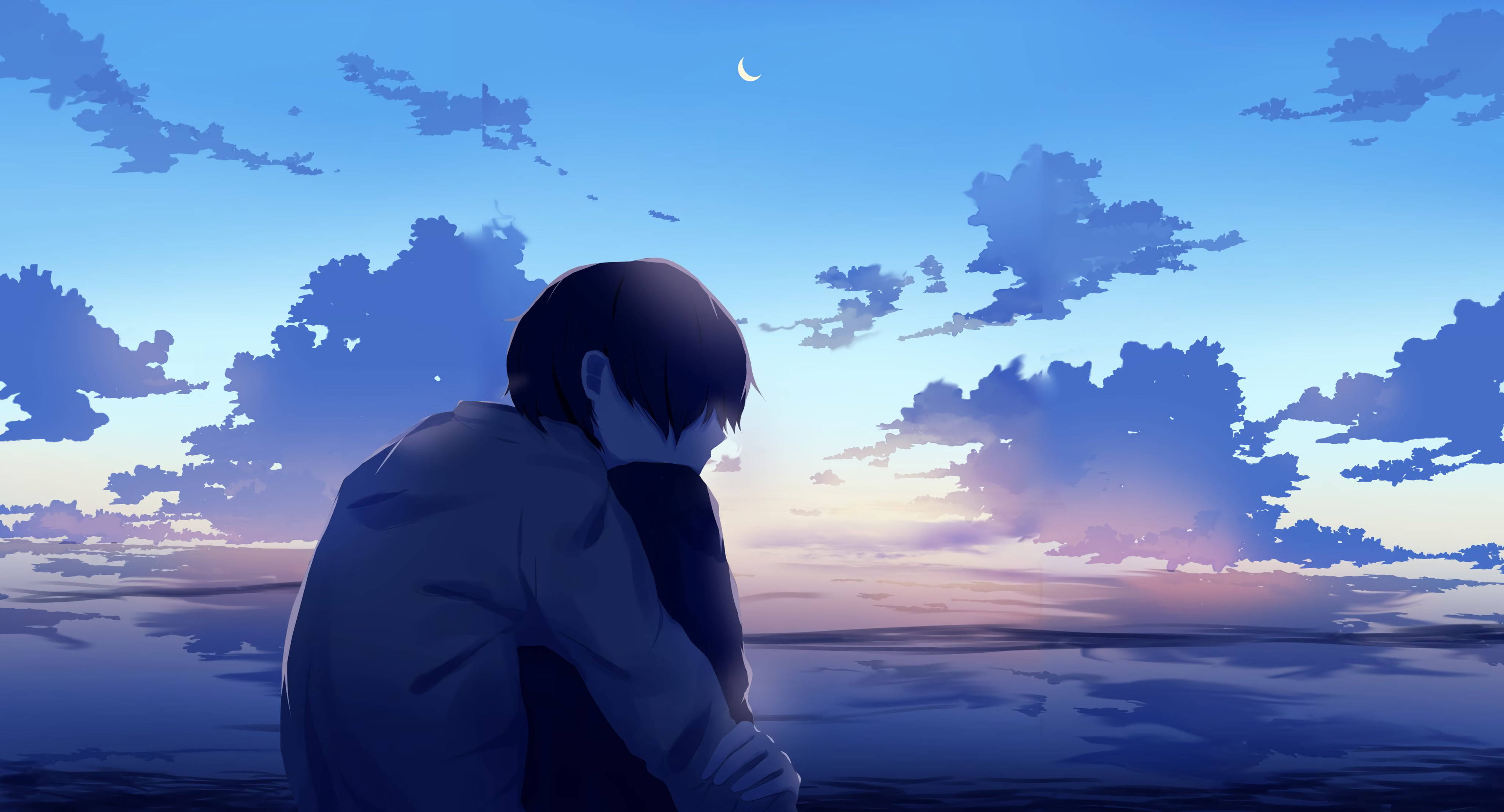 anime boy, twilight, crescent moon, 4K Desktop Wallpaper
