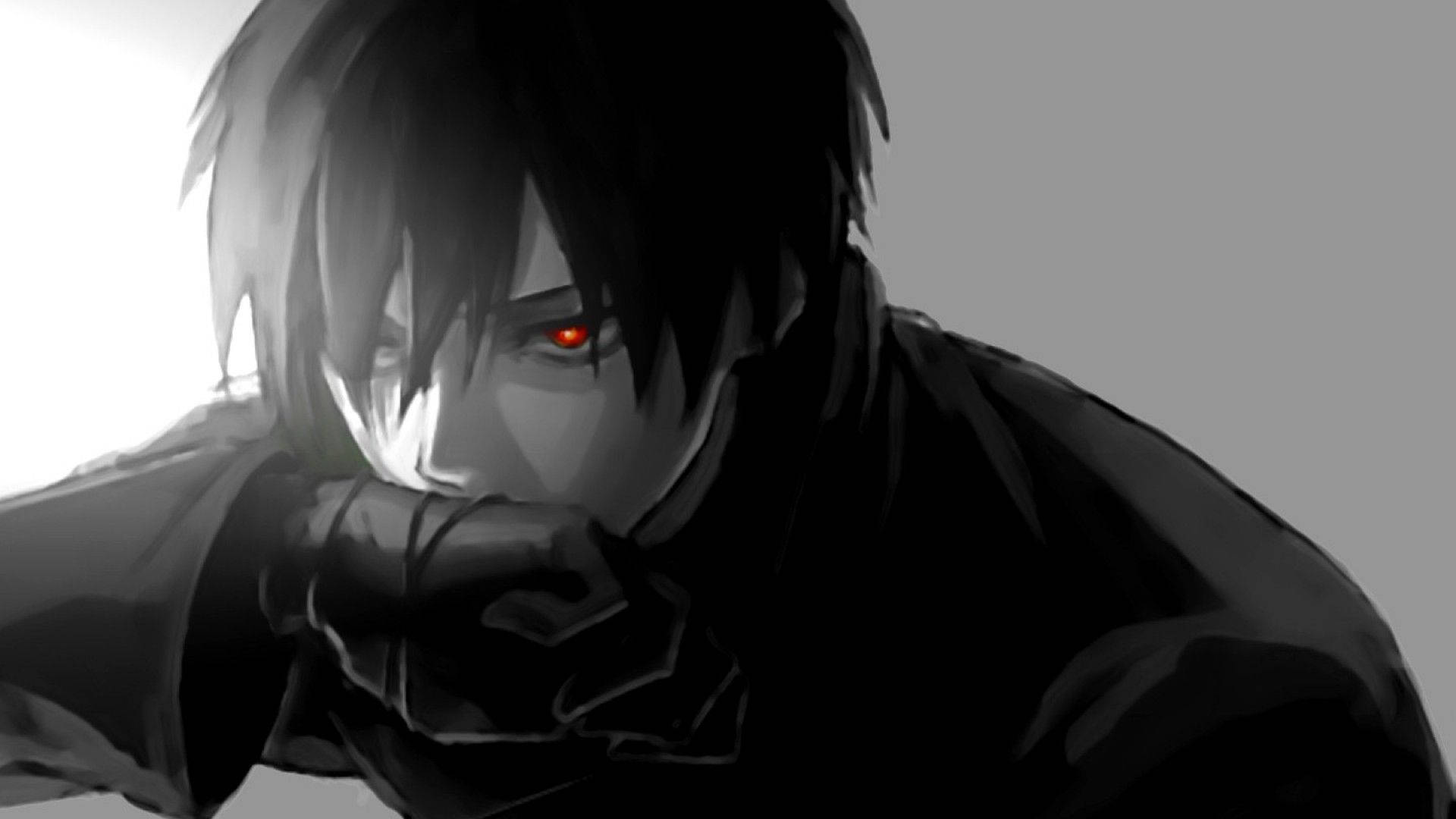 angry sad anime boy, glowing red eyes, dark hair, Full HD Desktop Wallpaper
