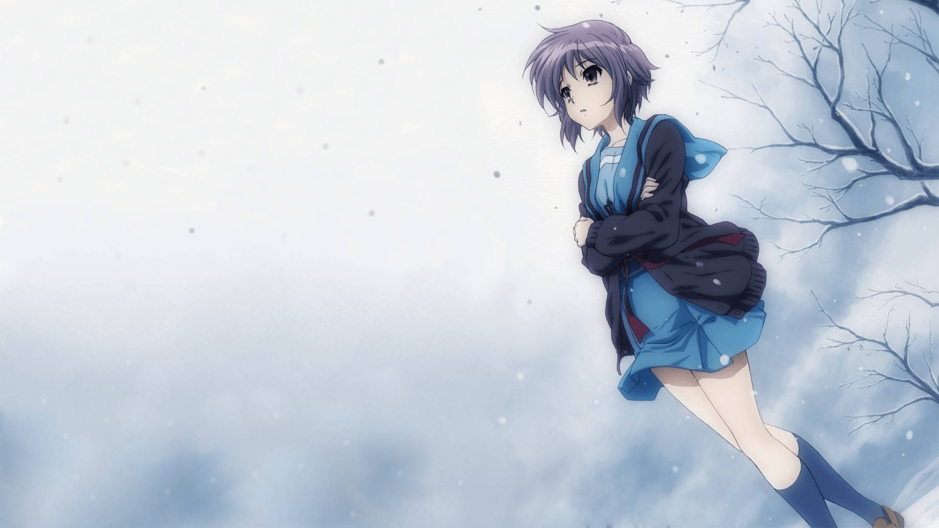purple-haired anime girl, blue school uniform, snowy winter scene, Full HD Desktop Wallpaper