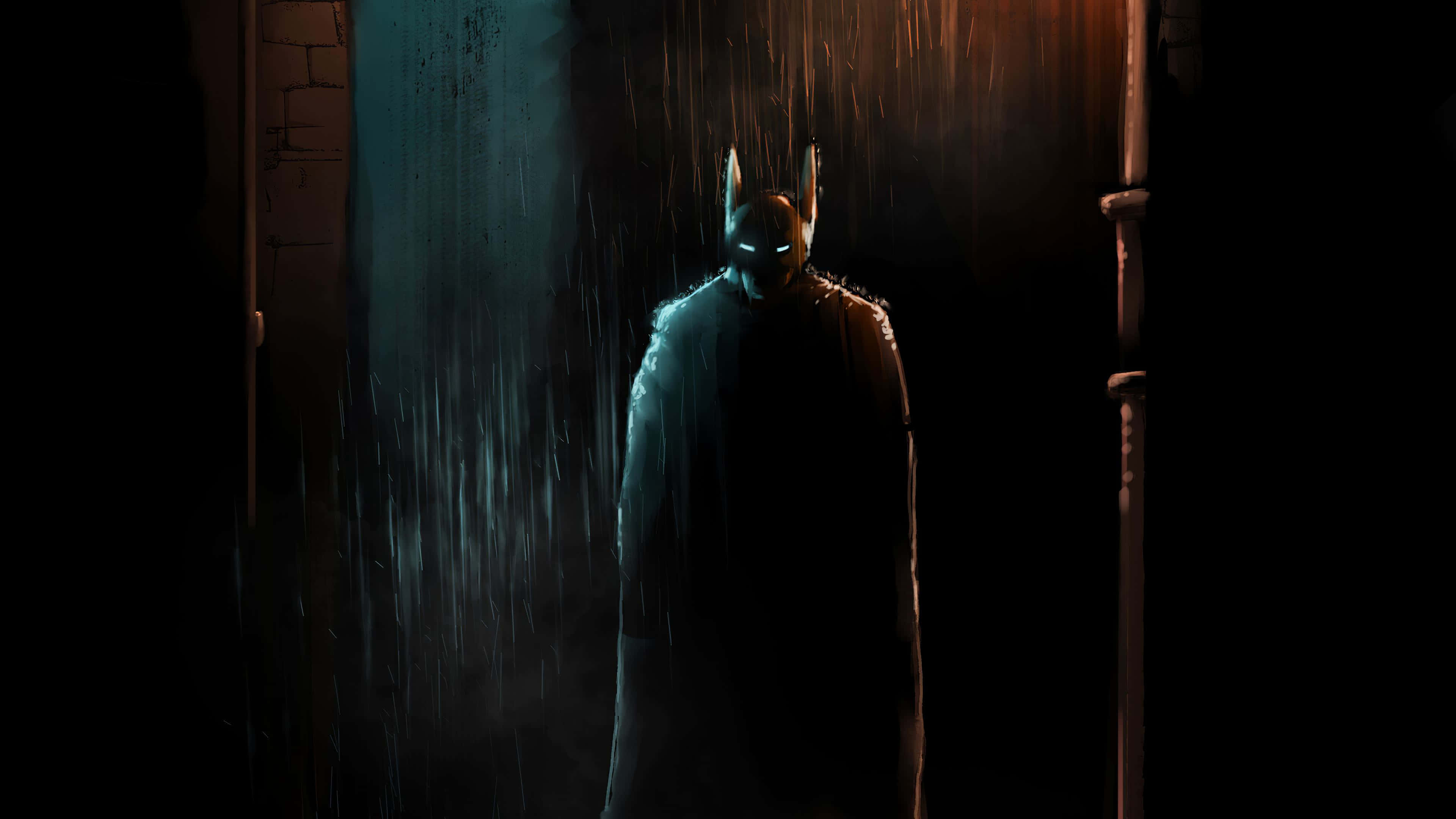 Batman, rain-soaked alleyway, warm overhead light, 4K Desktop Wallpaper