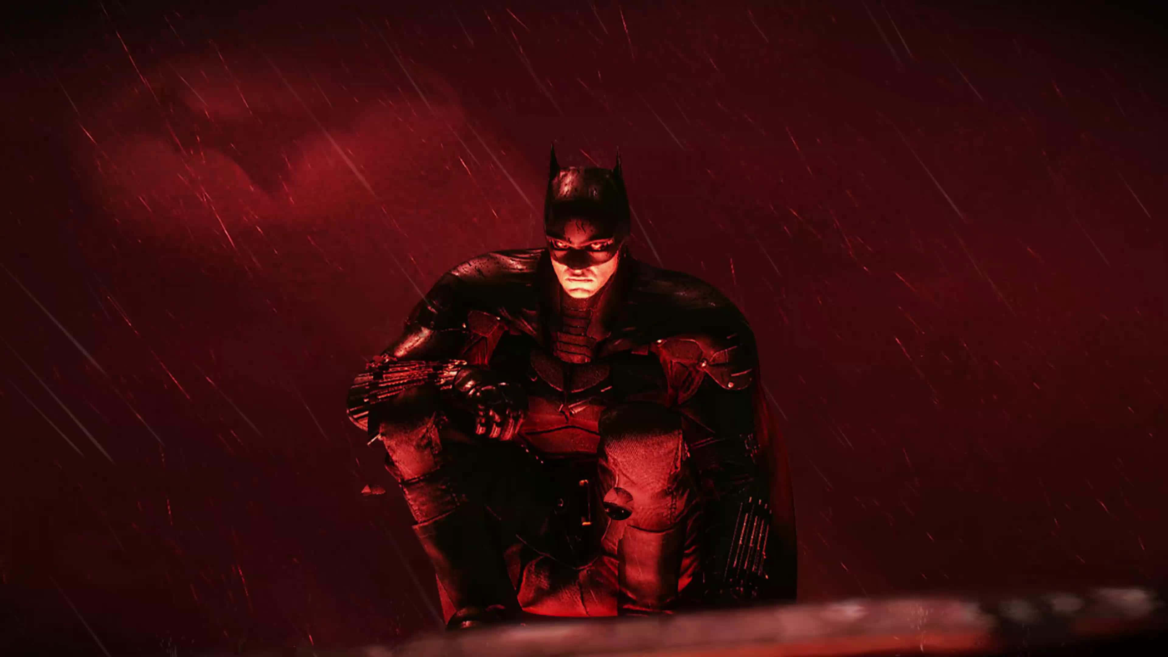 Sad Batman, rainstorm, red lighting, 4K Desktop Wallpaper