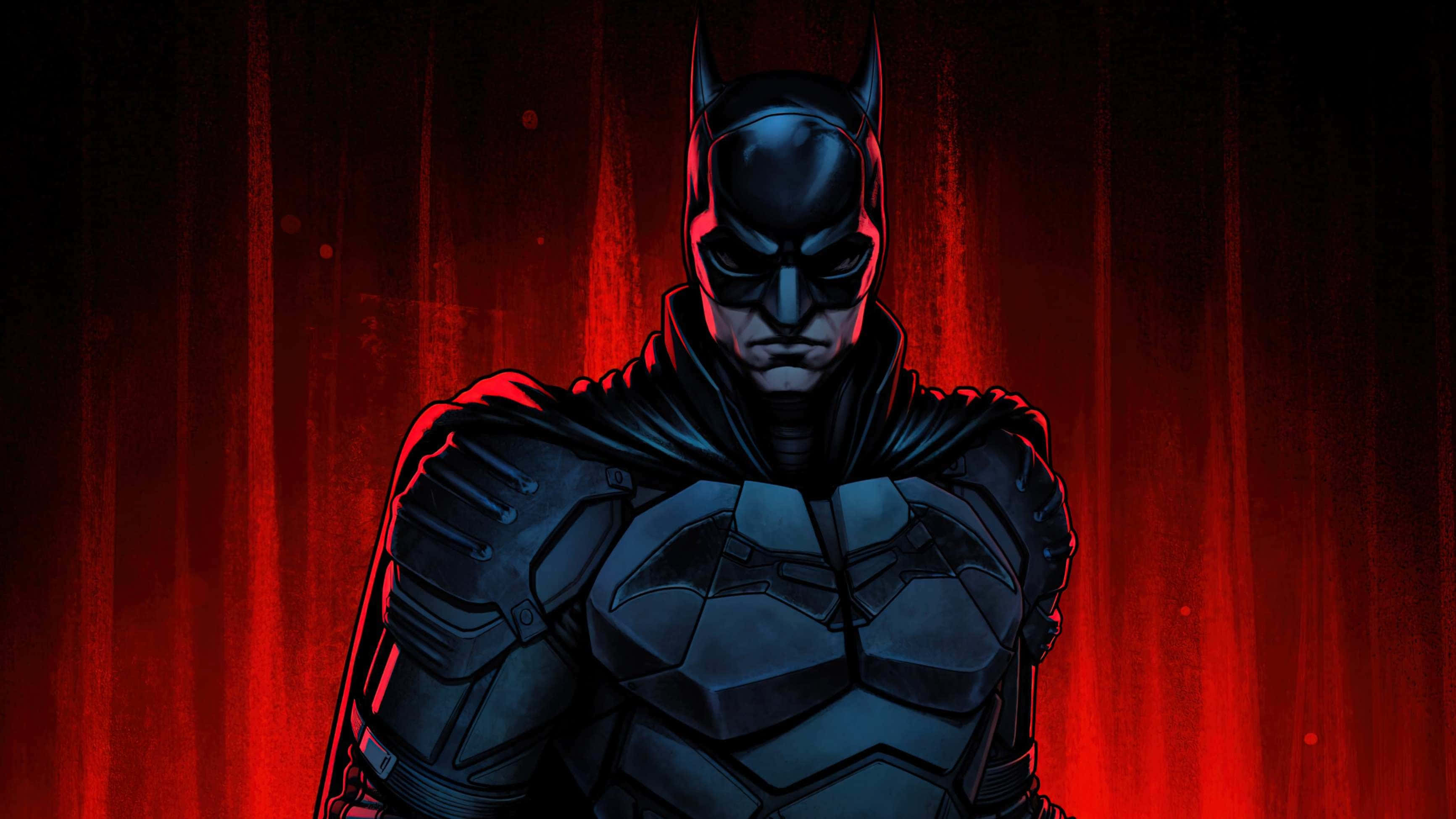 Batman, dark armored suit, vivid red curtain backdrop, 2K Desktop Wallpaper