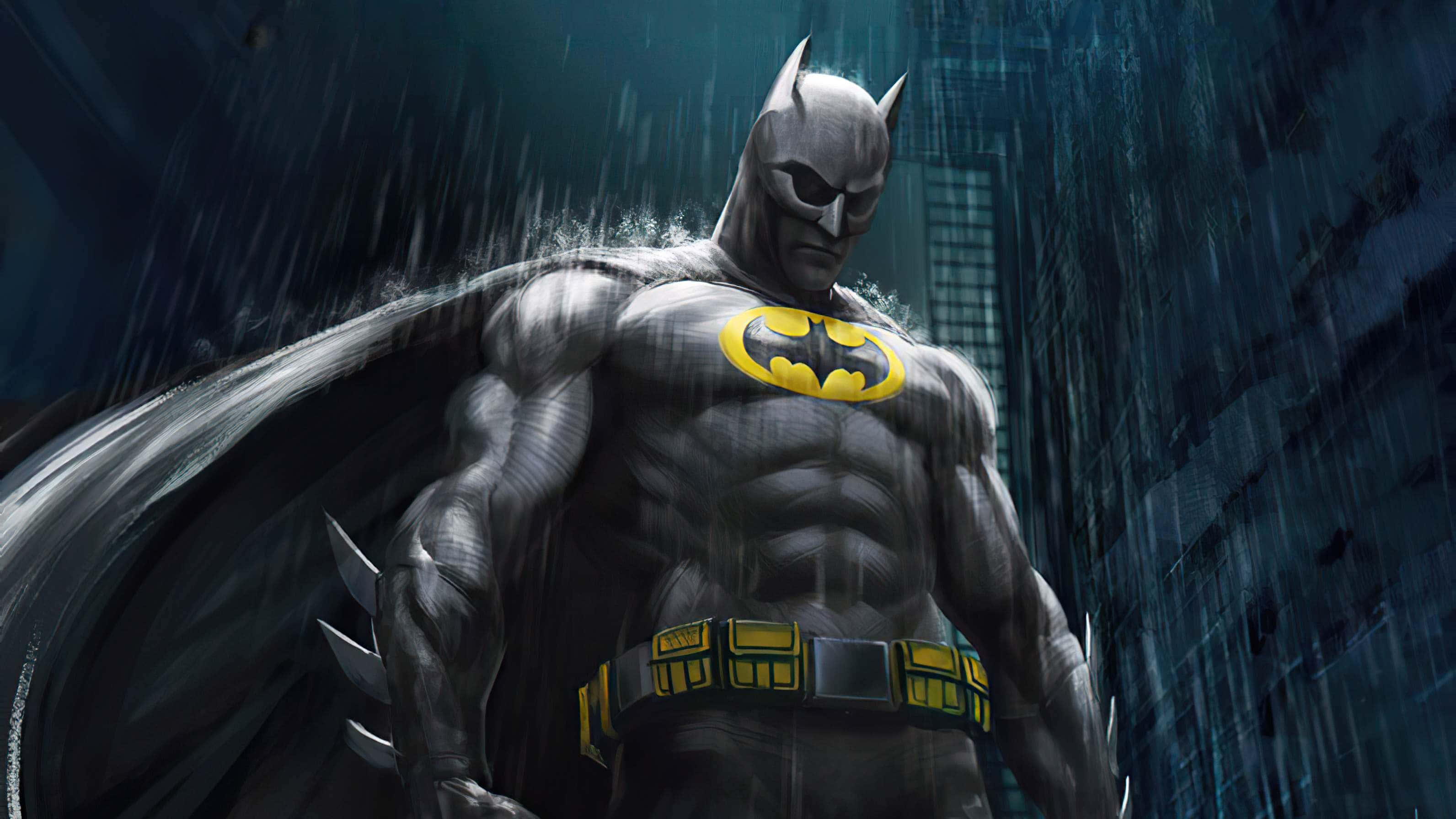 Batman, rain soaked urban alley, neon lights, 2K Desktop Wallpaper
