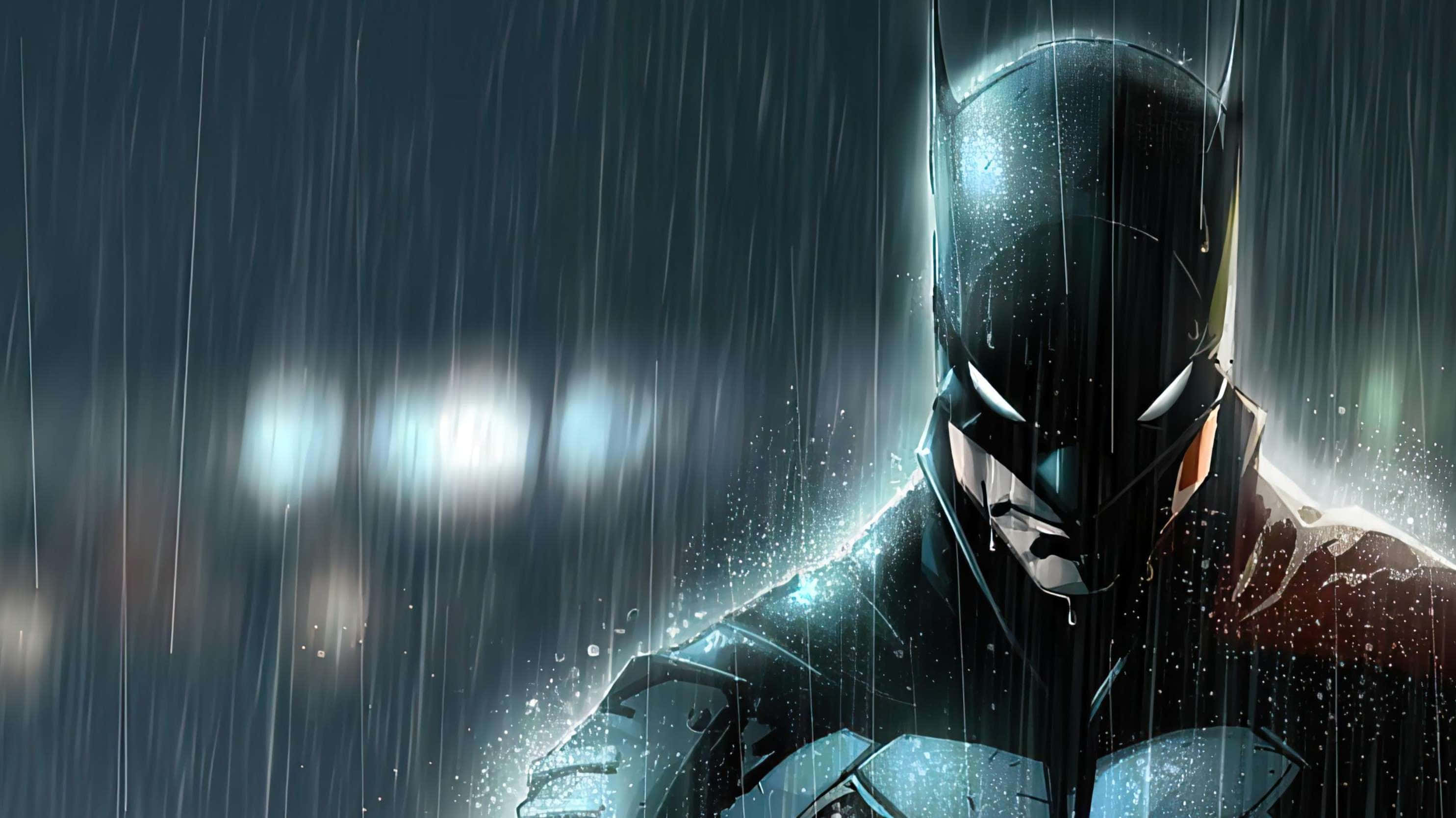 Sad Batman, rain, glowing eyes, 2K Desktop Wallpaper