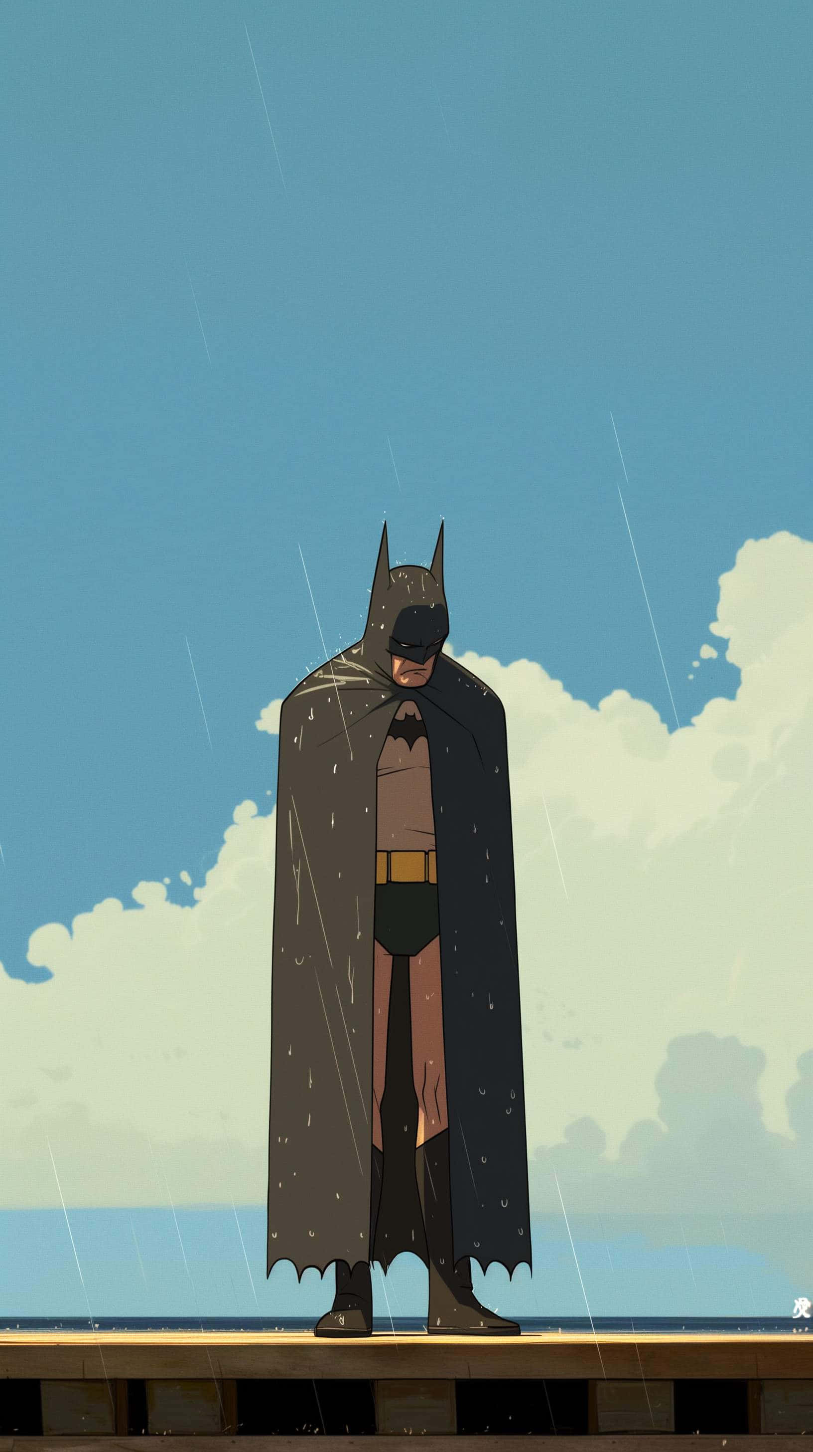 Sad Batman, rain, wooden platform, 2K Phone Wallpaper