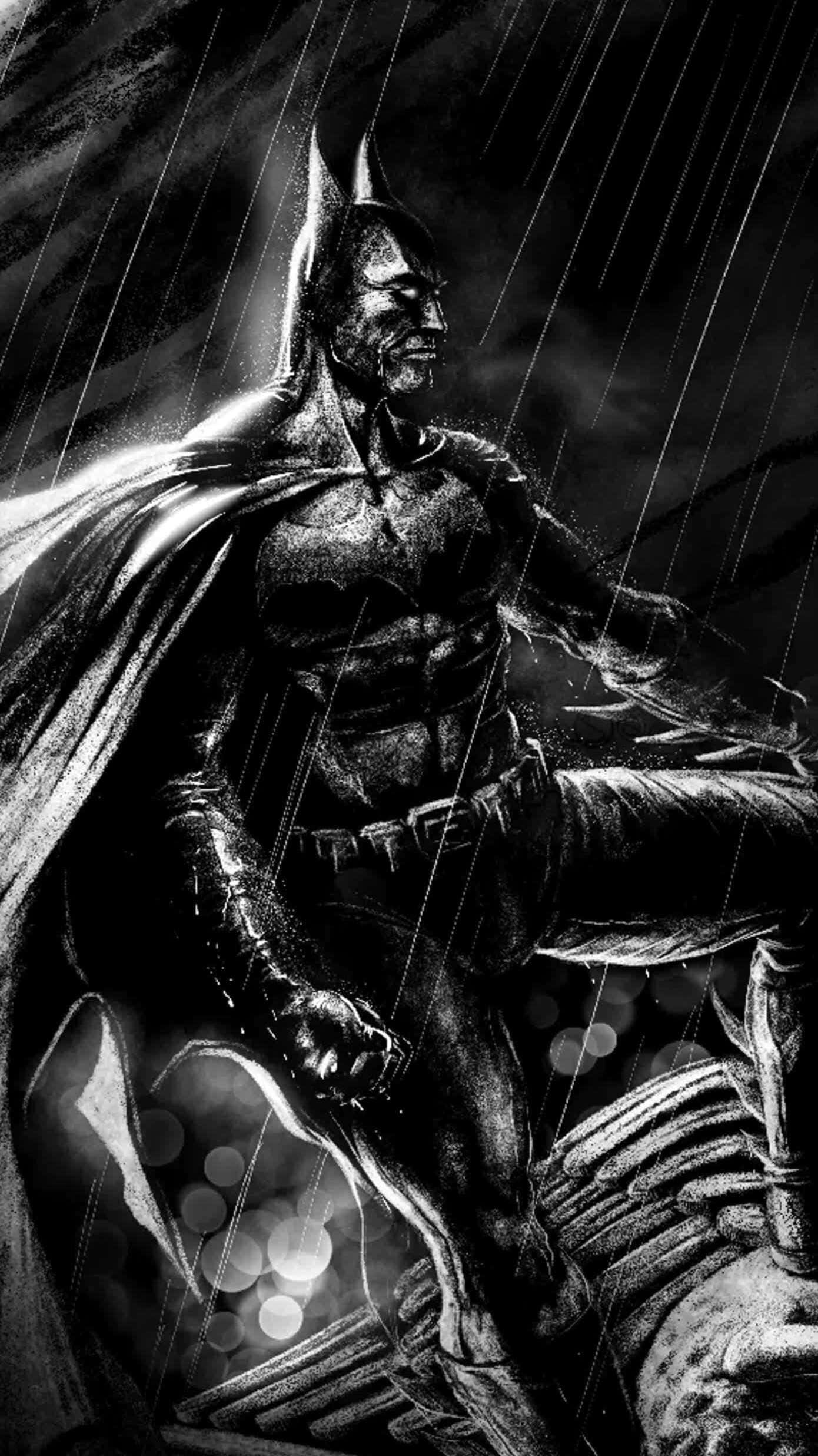 Sad Batman, rainstorm, monochrome, Full HD Phone Wallpaper