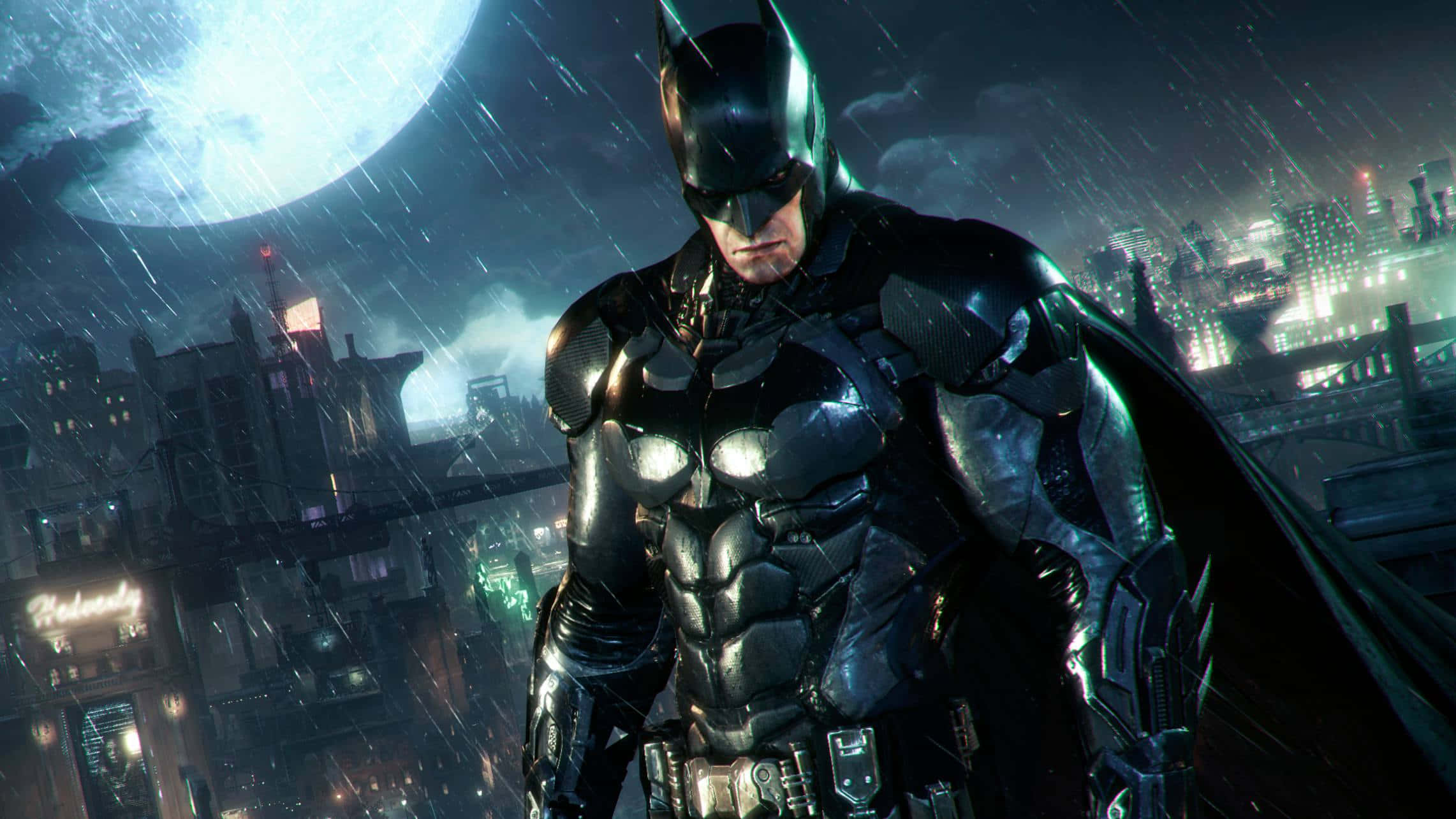 Batman, full moon, neon-lit Gotham cityscape, Full HD Desktop Wallpaper