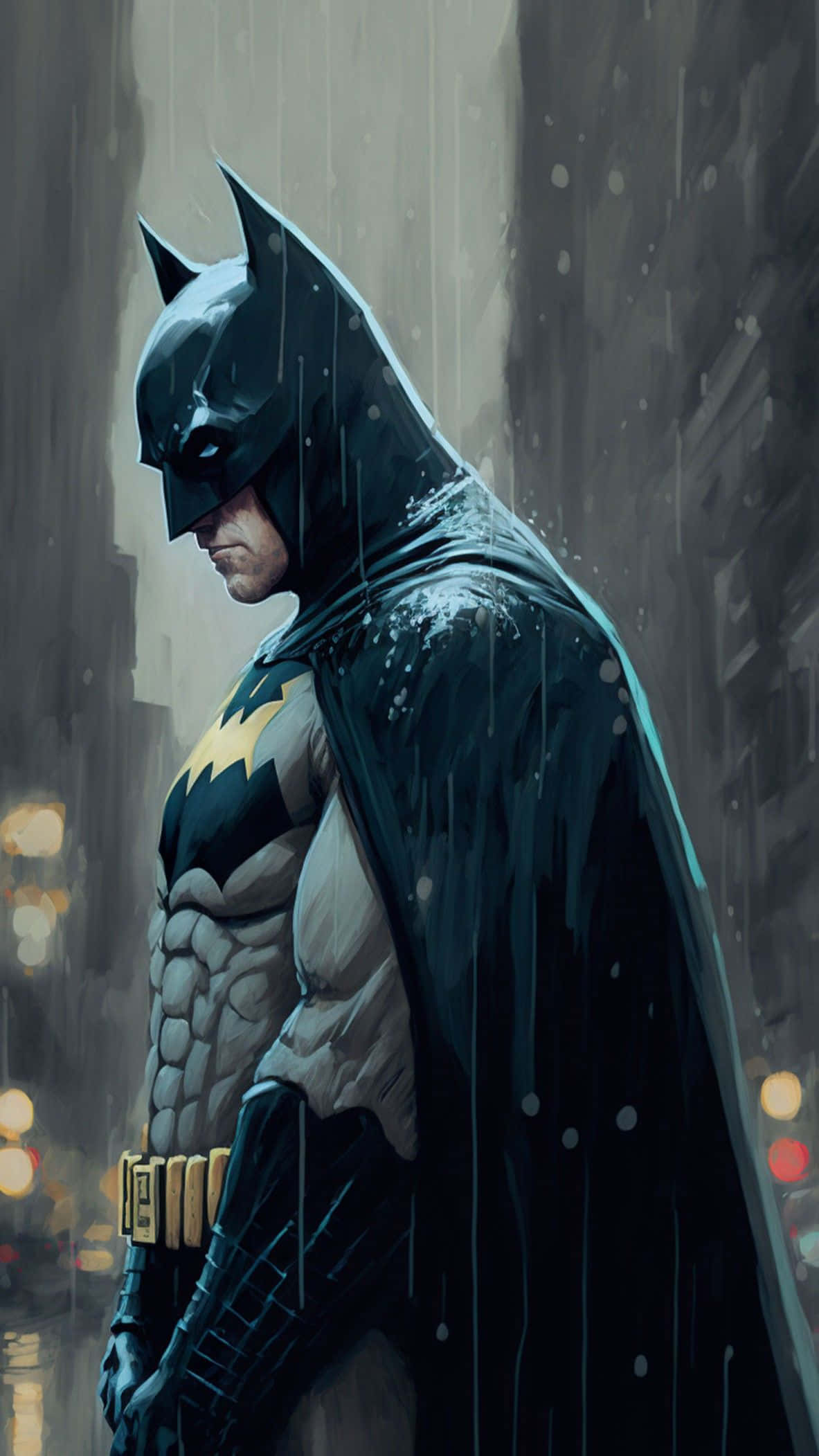 Batman, rain-soaked city street, cape dripping, Full HD Phone Wallpaper