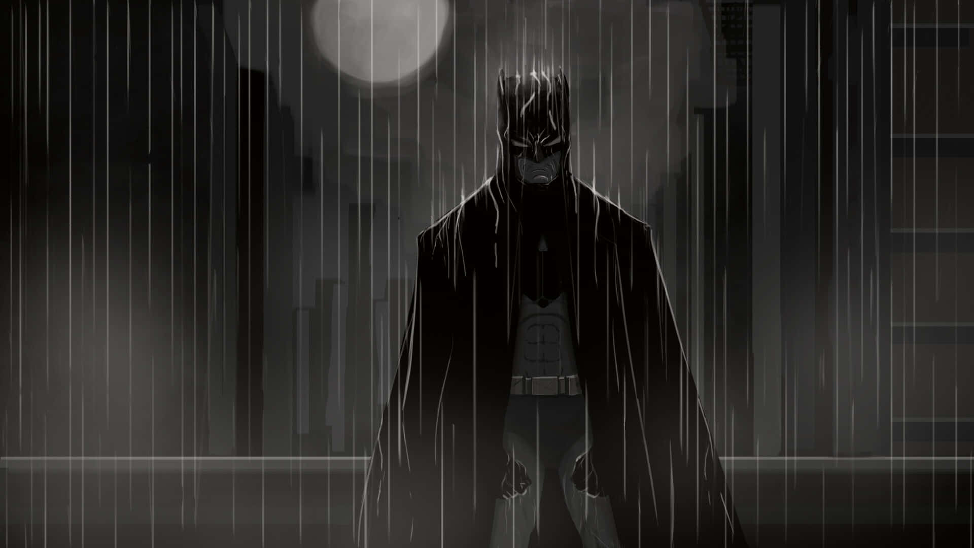 Sad Batman, rainstorm, full moon, Full HD Desktop Wallpaper