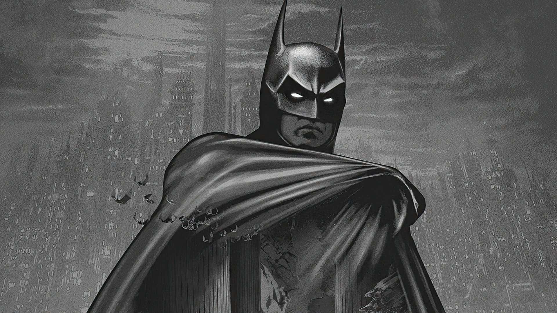 Sad Batman, monochrome cityscape, glowing eyes, Full HD Desktop Wallpaper