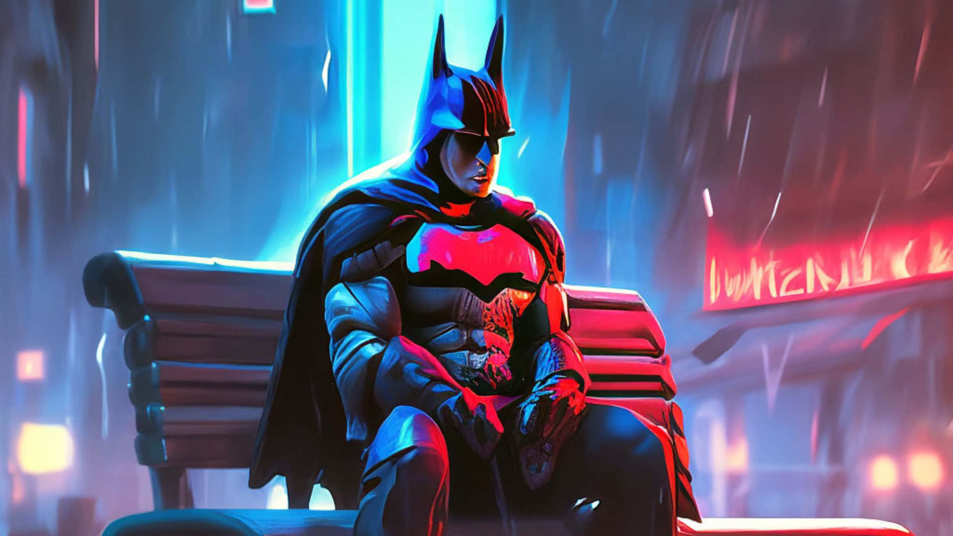 Batman, bench, rain soaked neon cityscape, Full HD Desktop Wallpaper