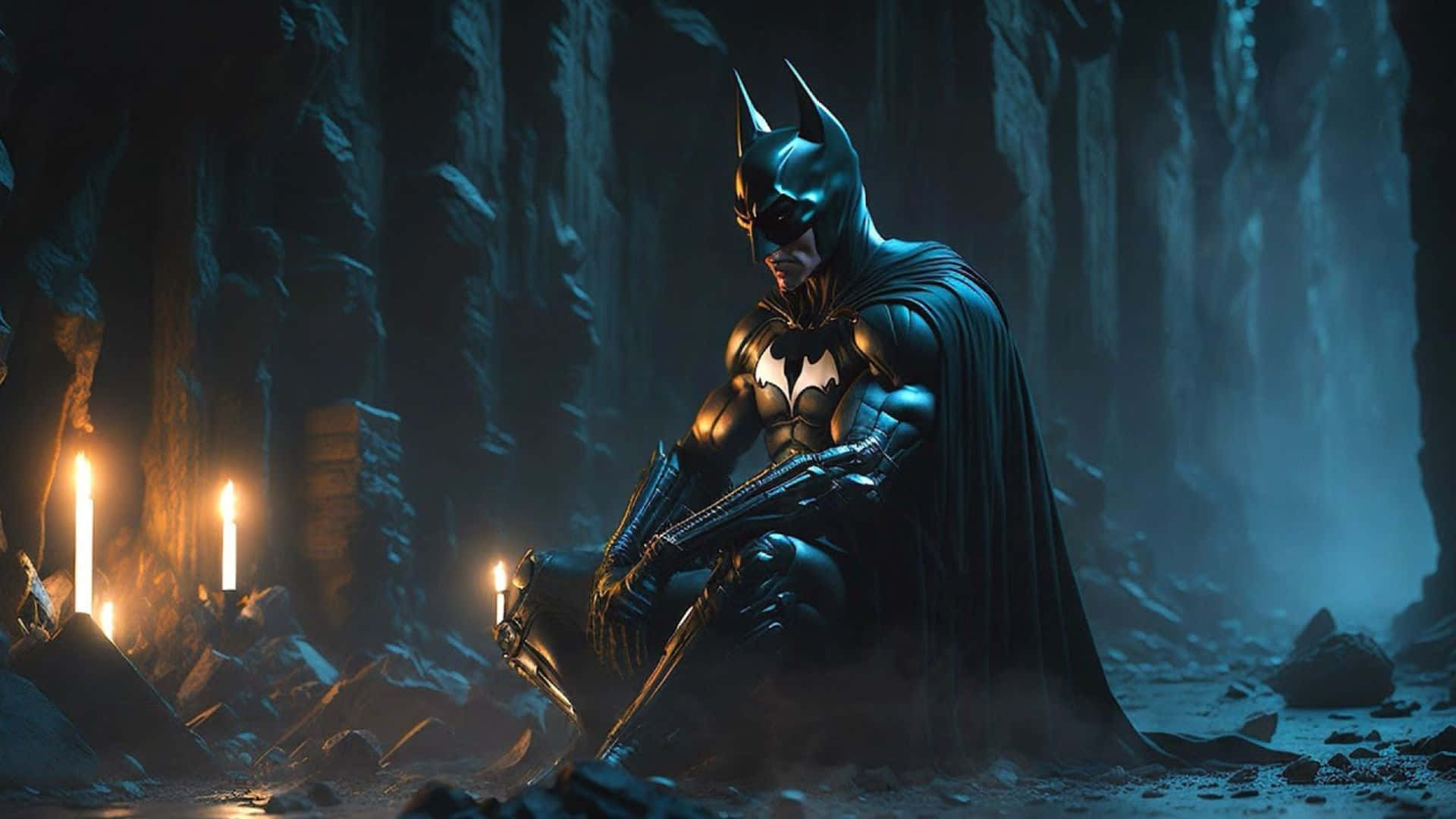 Batman, dark cave, flickering candles, Full HD Desktop Wallpaper