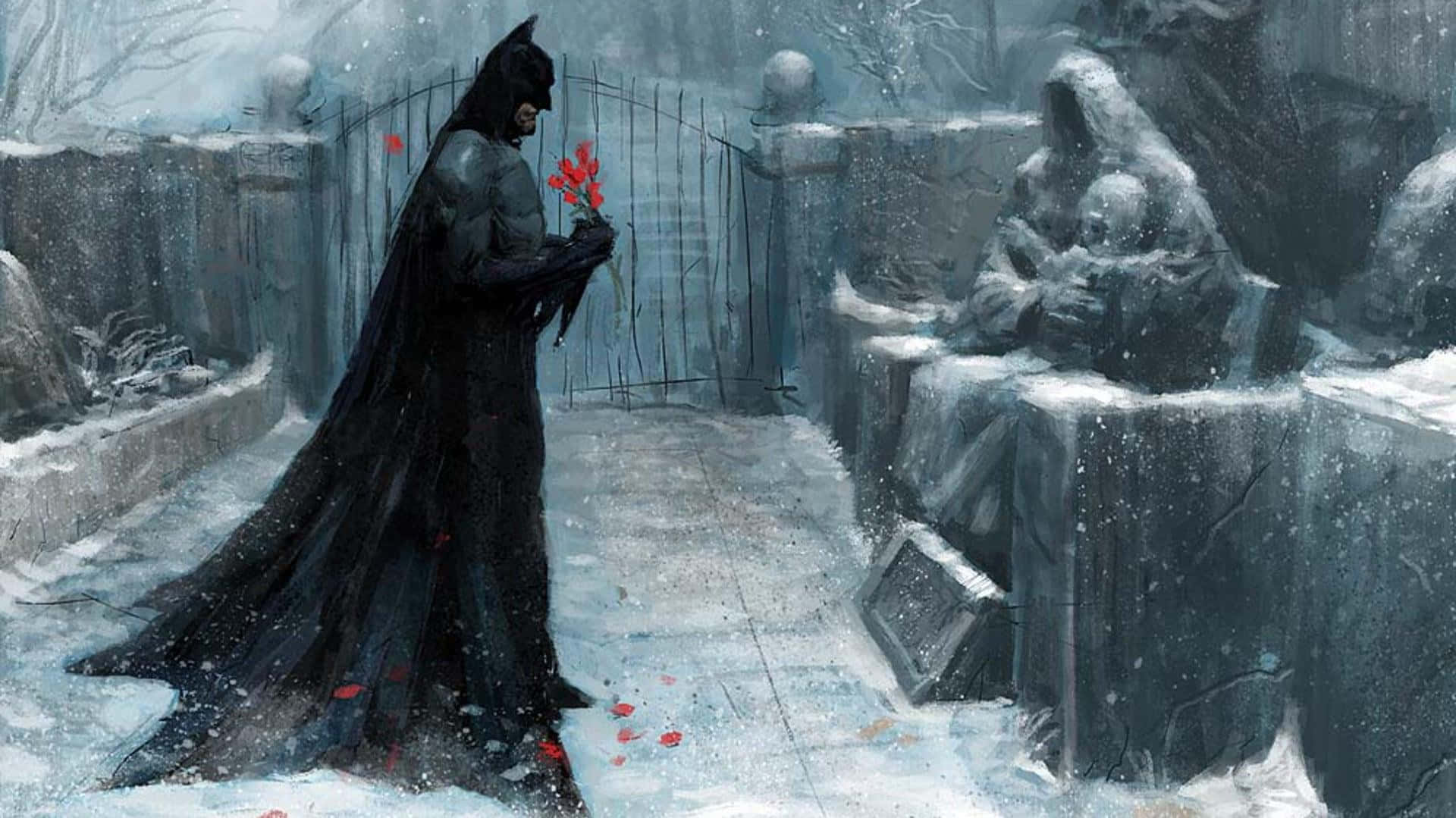 Sad Batman, snowy cemetery, red roses, Full HD Desktop Wallpaper