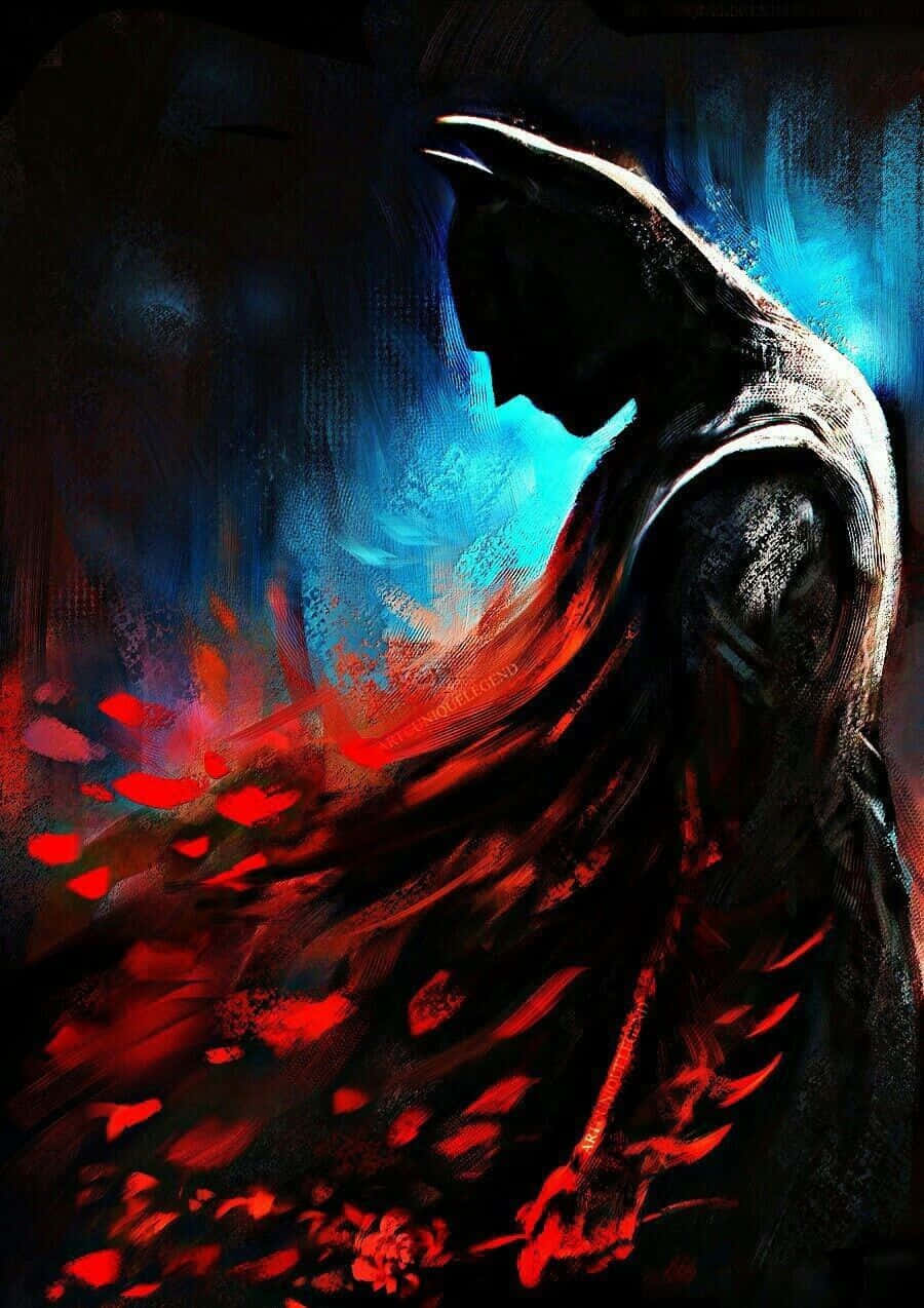 Batman, flowing cape, swirling blue and red abstract background, SD Phone Wallpaper