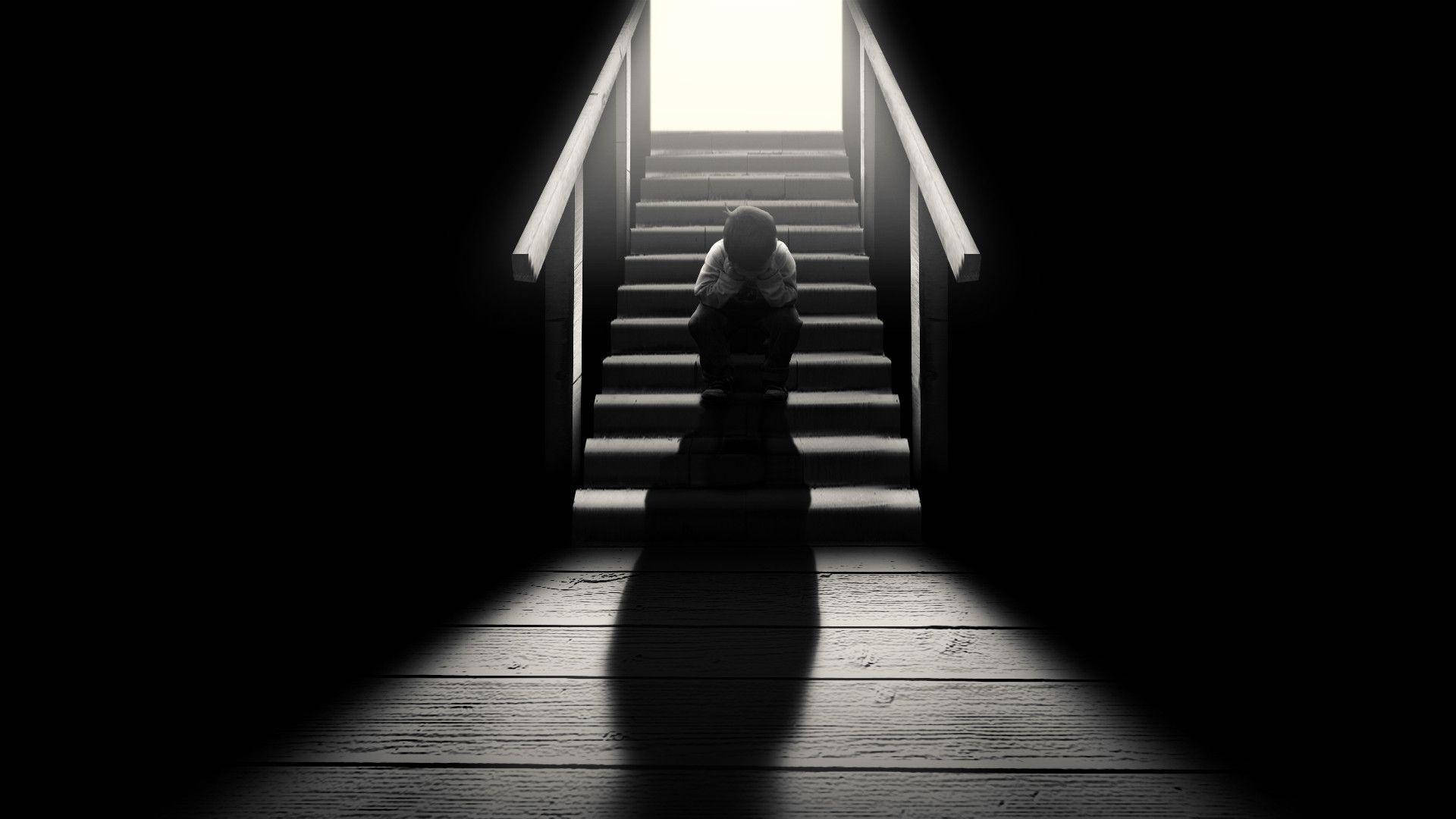 sad black stairs, dark staircase, lone child, Full HD Desktop Wallpaper