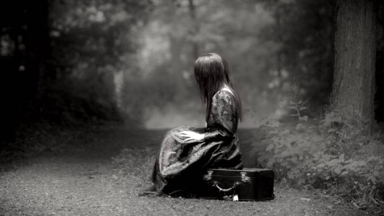 Sad Black Bench Girl, ghostly figure, long dress, SD Desktop Wallpaper