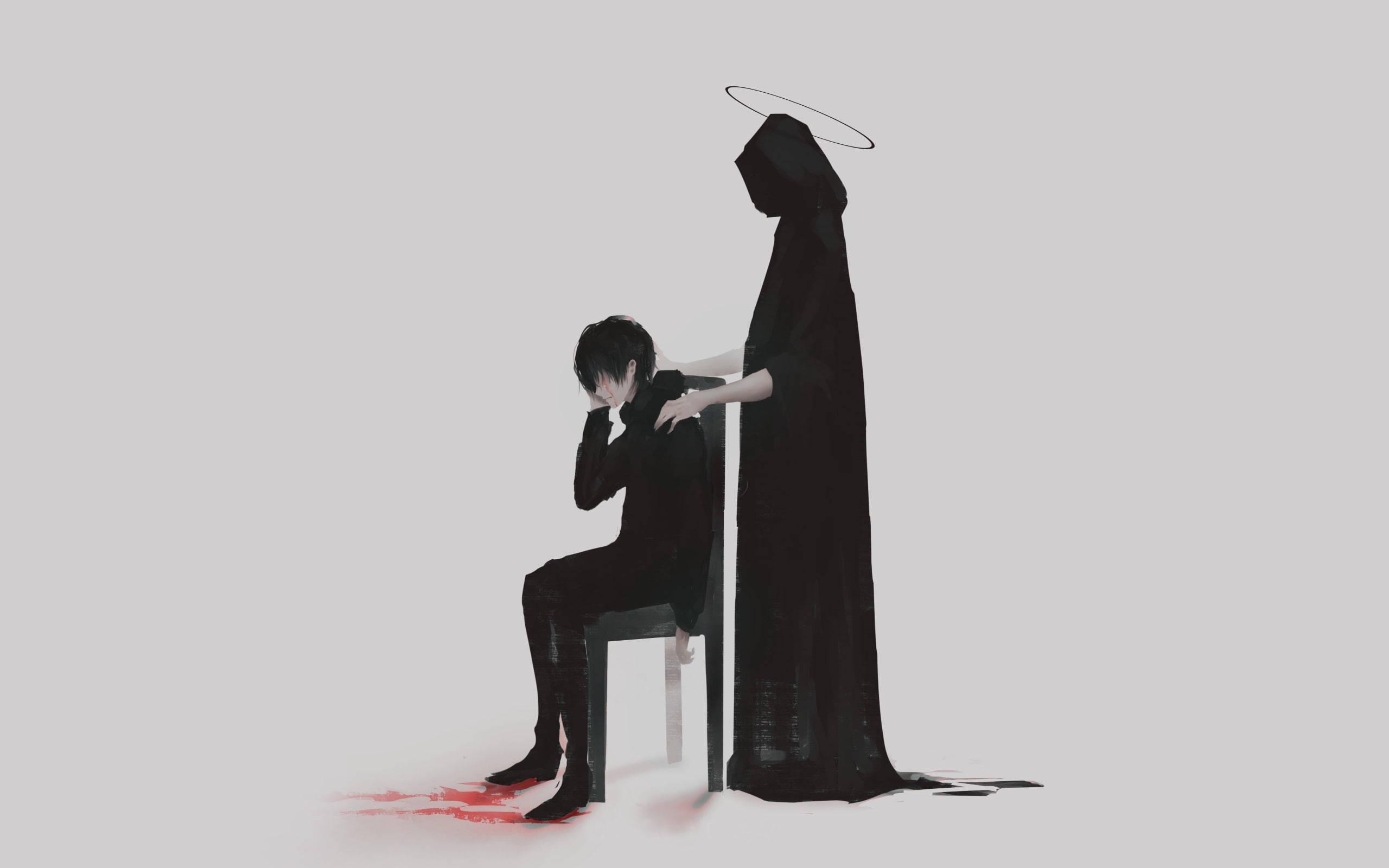 hooded angel figure, halo, seated boy, 2K Desktop Wallpaper