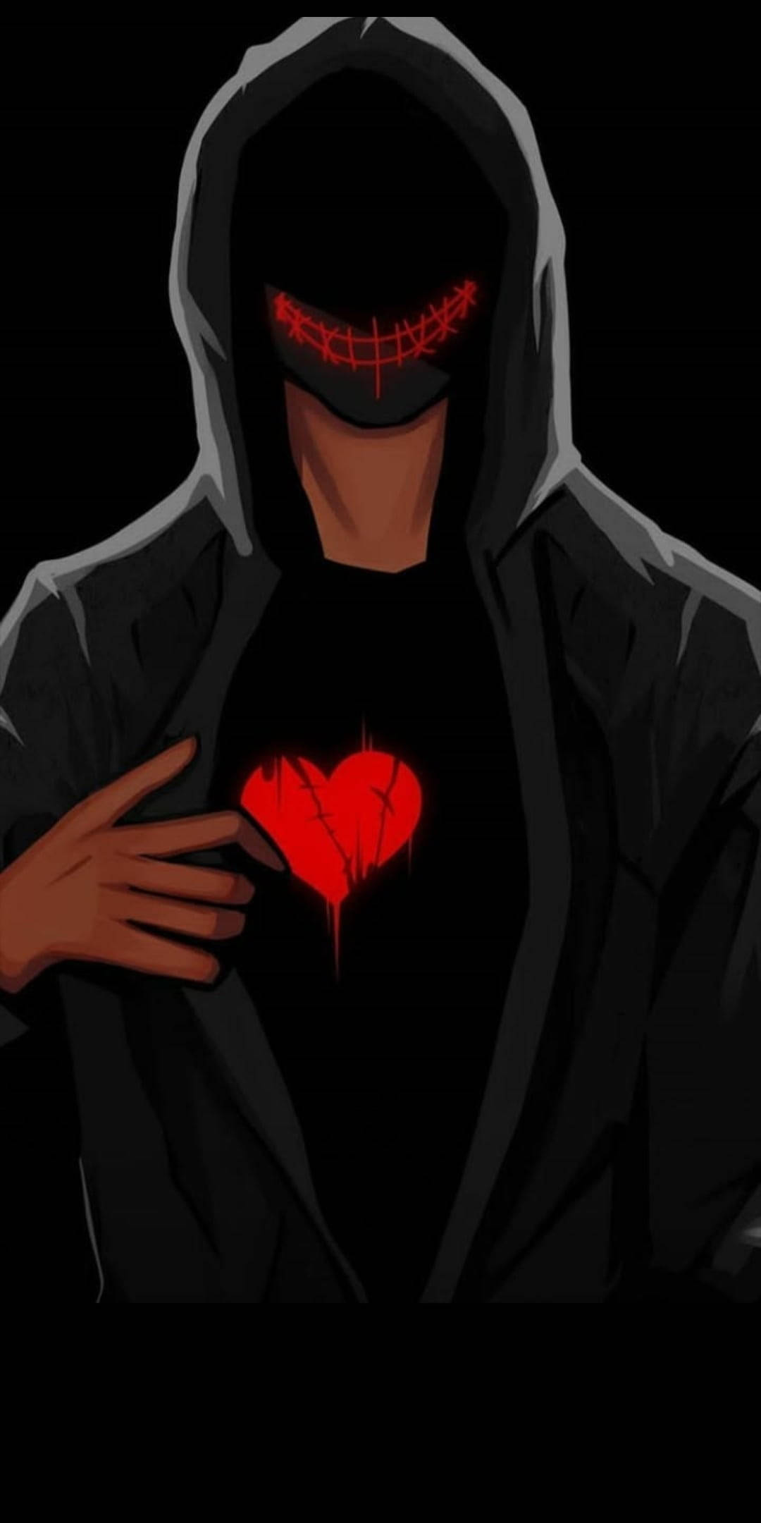 hooded figure, glowing red stitched eyes, torn red heart, Full HD Phone Wallpaper